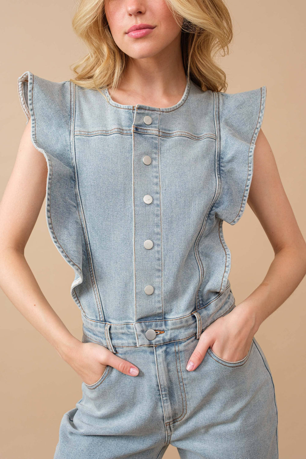 Ruffle Bell Bottom Denim Jumpsuit Pretty Little Patriot