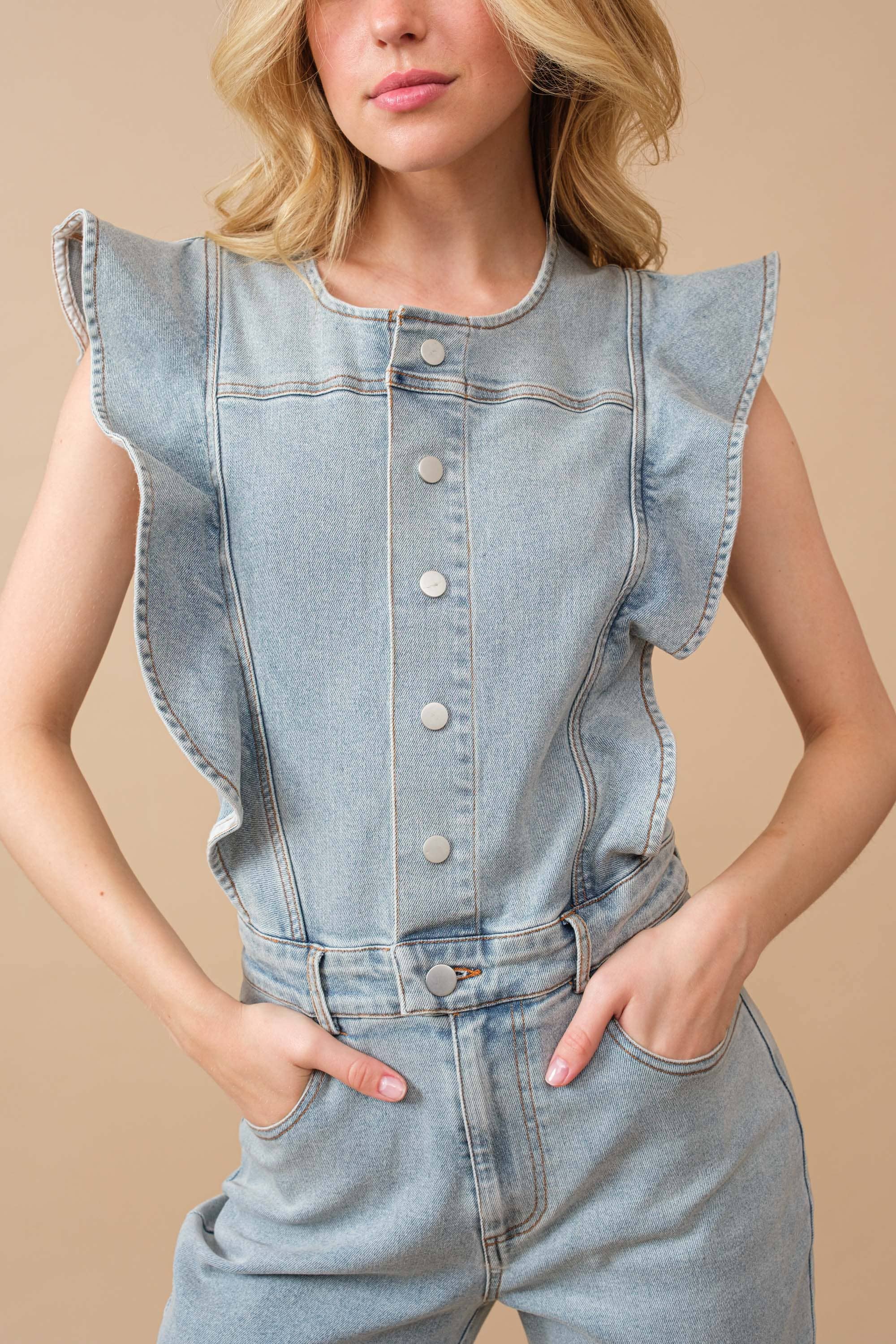 Ruffle Bell Bottom Denim Jumpsuit Pretty Little Patriot