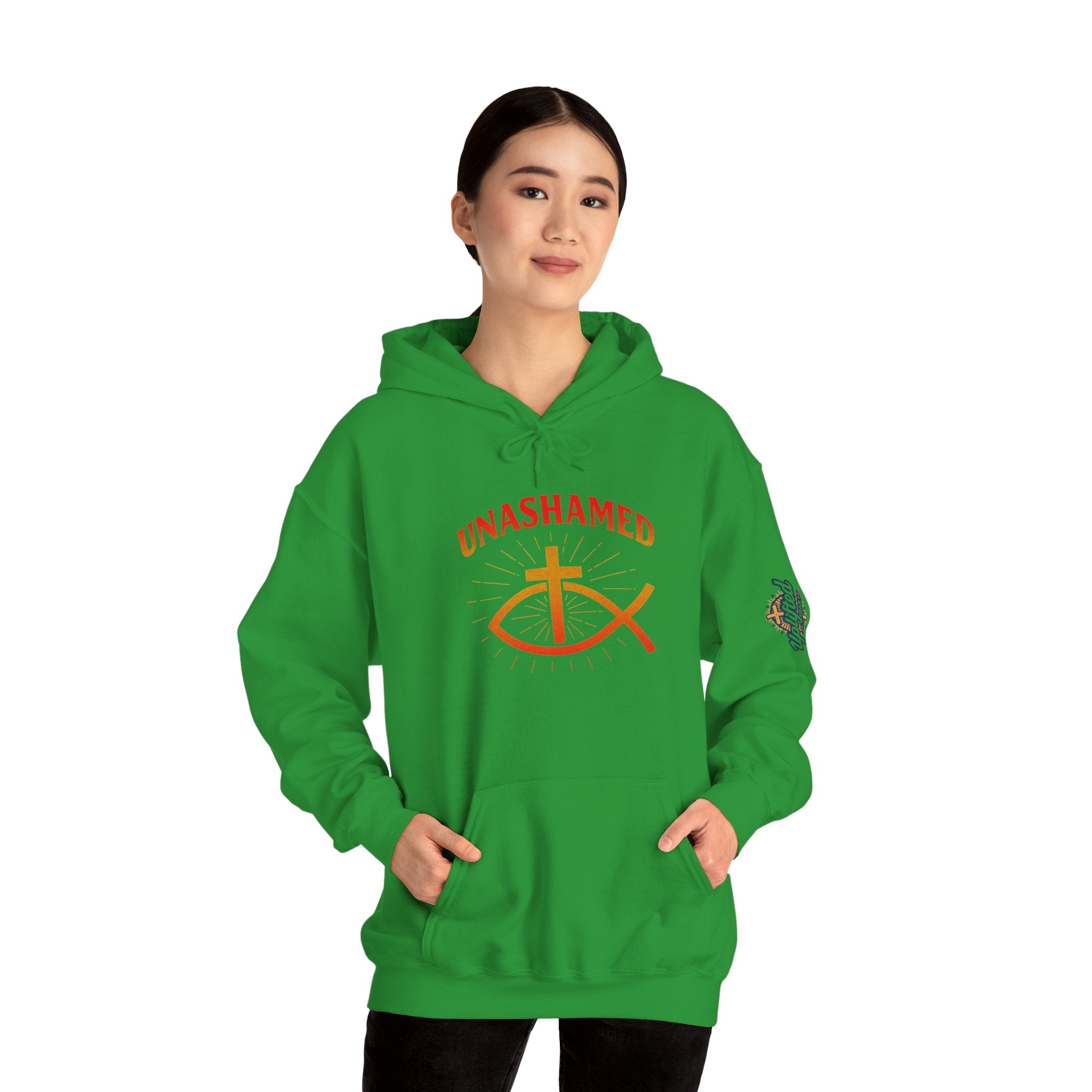 Unashamed Hoodie – Ichthys Jesus Fish & Cross Christian Sweatshirt for Romans 1:16 Bold Faith Printify