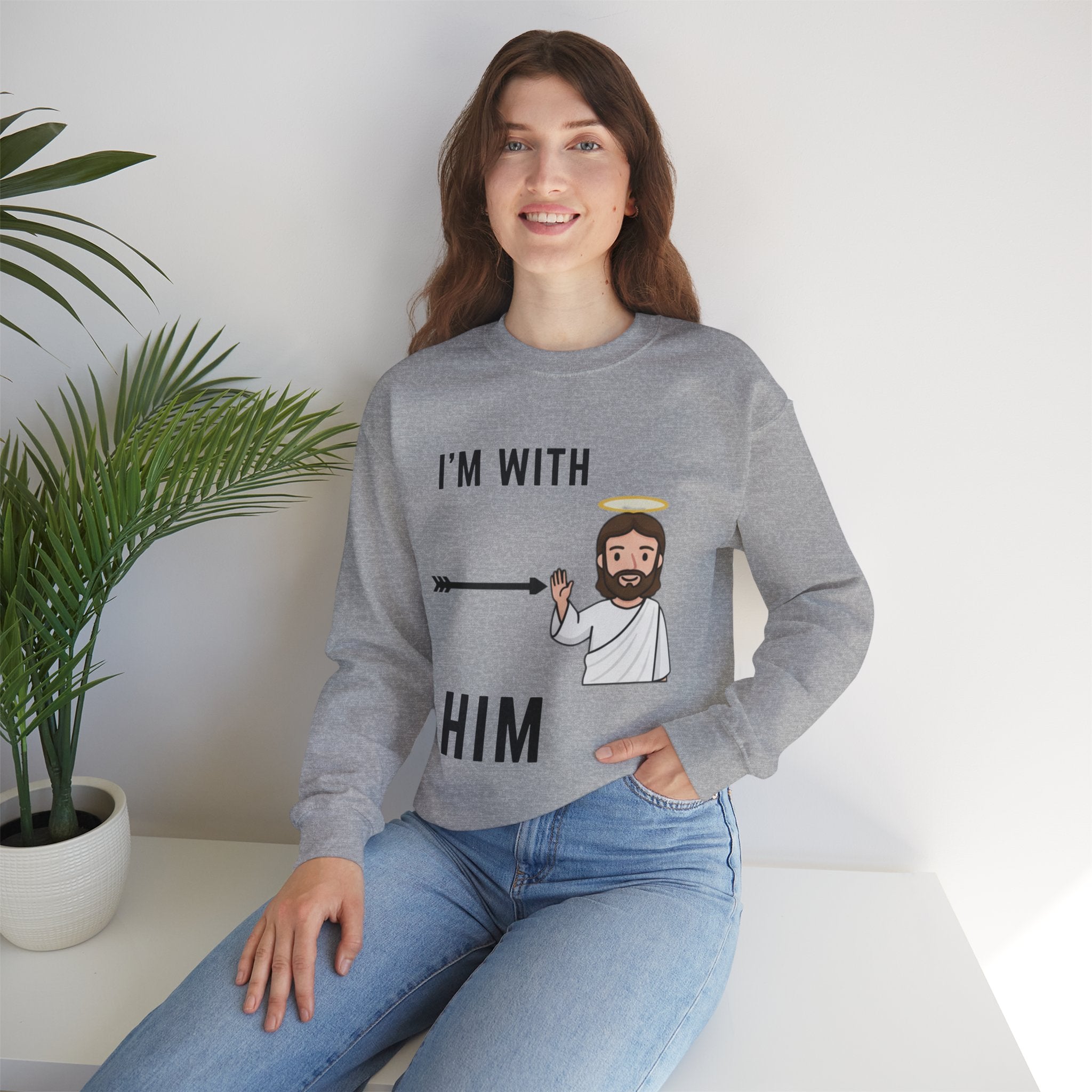 🔥 I’m With Him → Christian Sweatshirt | Arrow Pointing to Jesus | Minimalist Faith Tee | Subtle Cross Design | Bible-Inspired Apparel by Uplifted Gear Printify