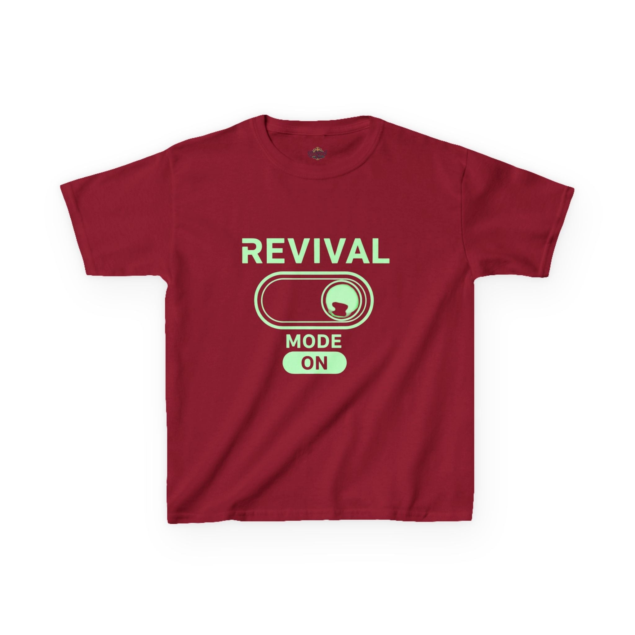 🔥 Revival Mode: ON – Christian Techwear Kids T-Shirt | Glowing Green Faith Switch | Futuristic Jesus Shirt | Activate Your Spiritual Awakening | Uplifted Gear Printify