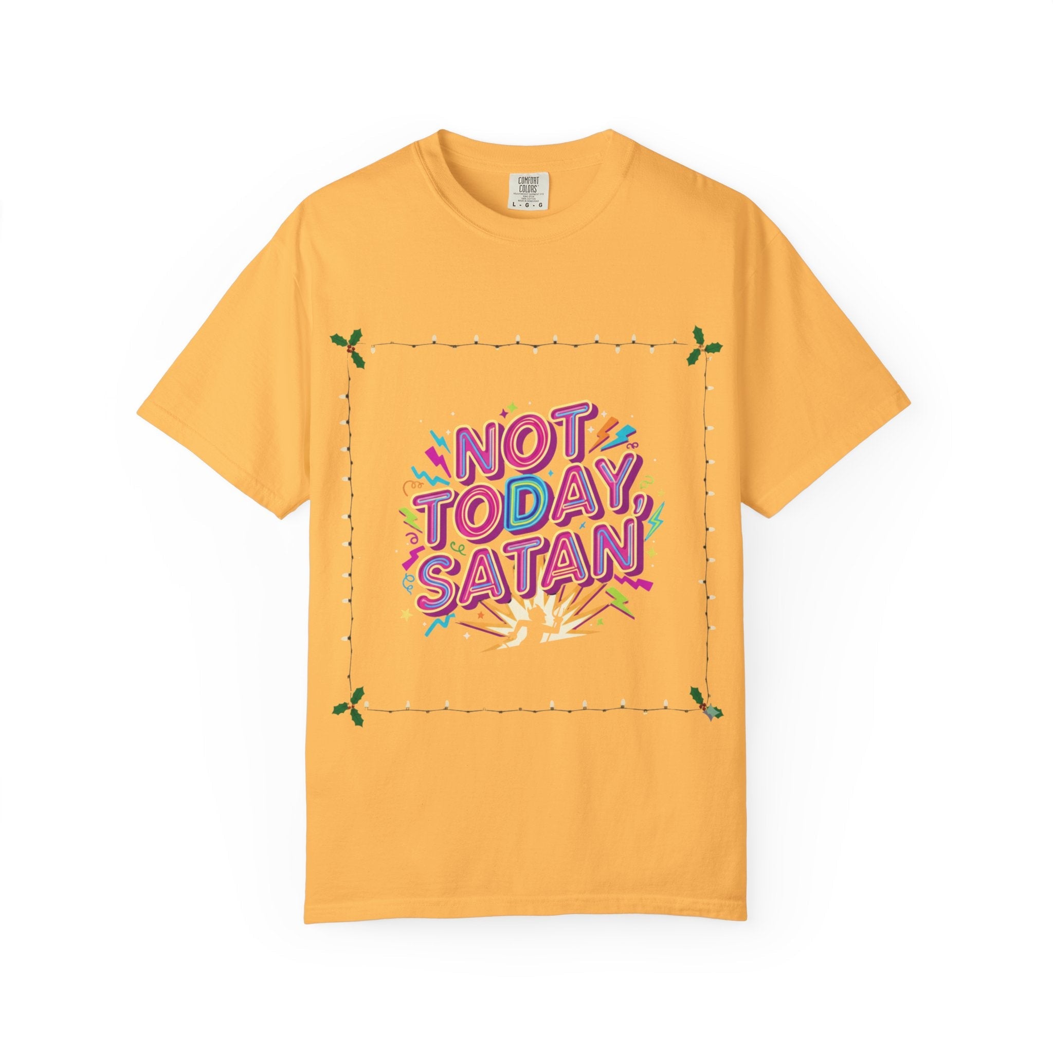 🔥 Not Today, Satan – Retro 90s Christian T-Shirt | Neon Faith Tee | Funky Cartoon Devil | Bold Bible Verse Shirt | Uplifted Gear Printify