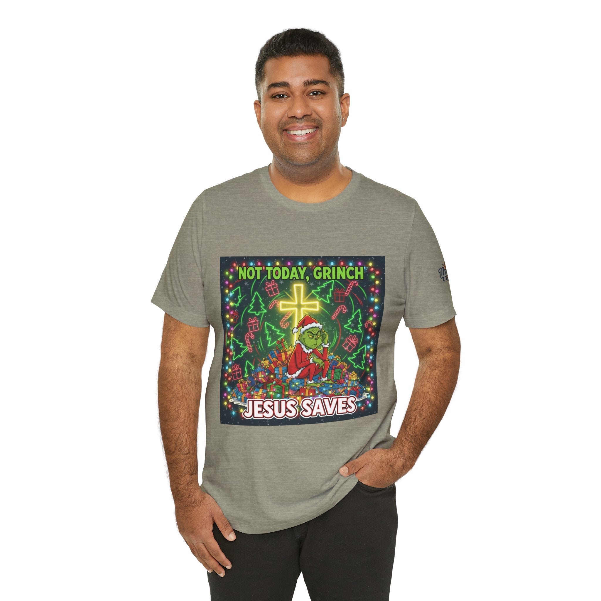 🎄 Not Today, Grinch – Jesus Saves | Funny Christian Christmas T-Shirt | Festive Green & Red Cartoon Style | Bold Faith Holiday Tee by Uplifted Gear Printify