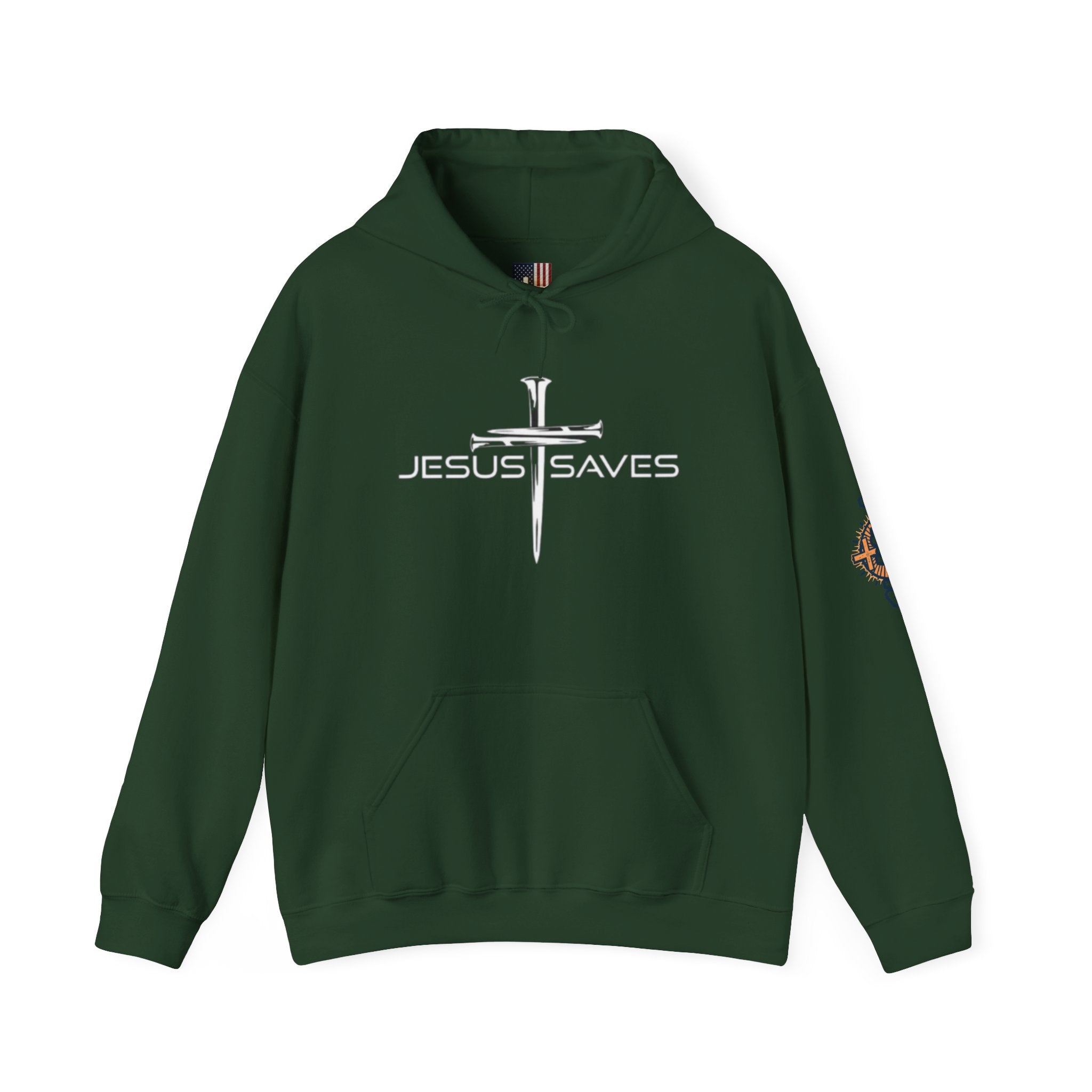 Jesus Saves Hoodie – 3 Nails Crucifix Cross Christian Sweatshirt for Redemption Faith & Bold Salvation Printify