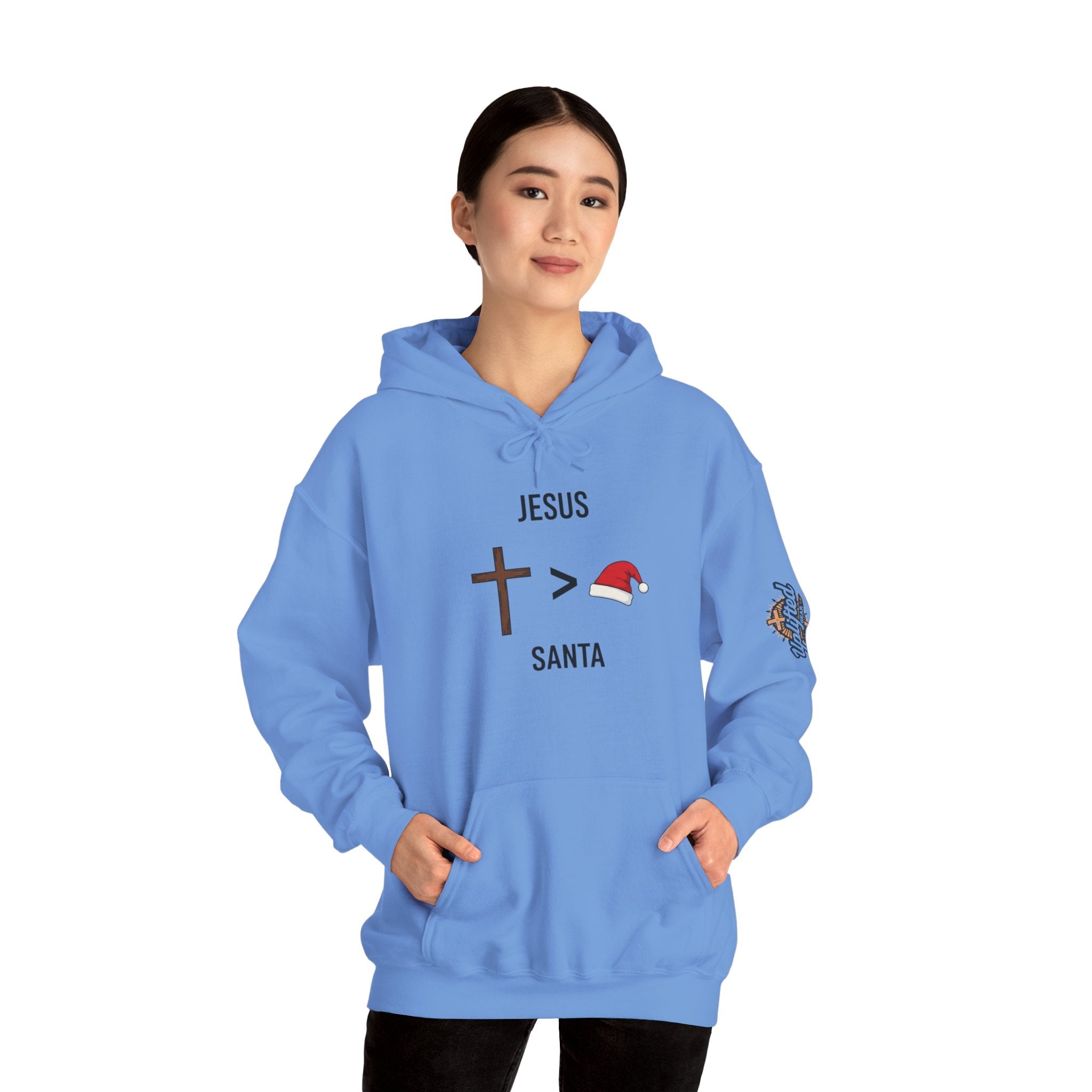🎄 Jesus > Santa – Minimalist Christian Christmas Hoodie | Bold Faith Over Holiday Tee | Cross vs Santa Hat Design | Uplifted Gear Printify