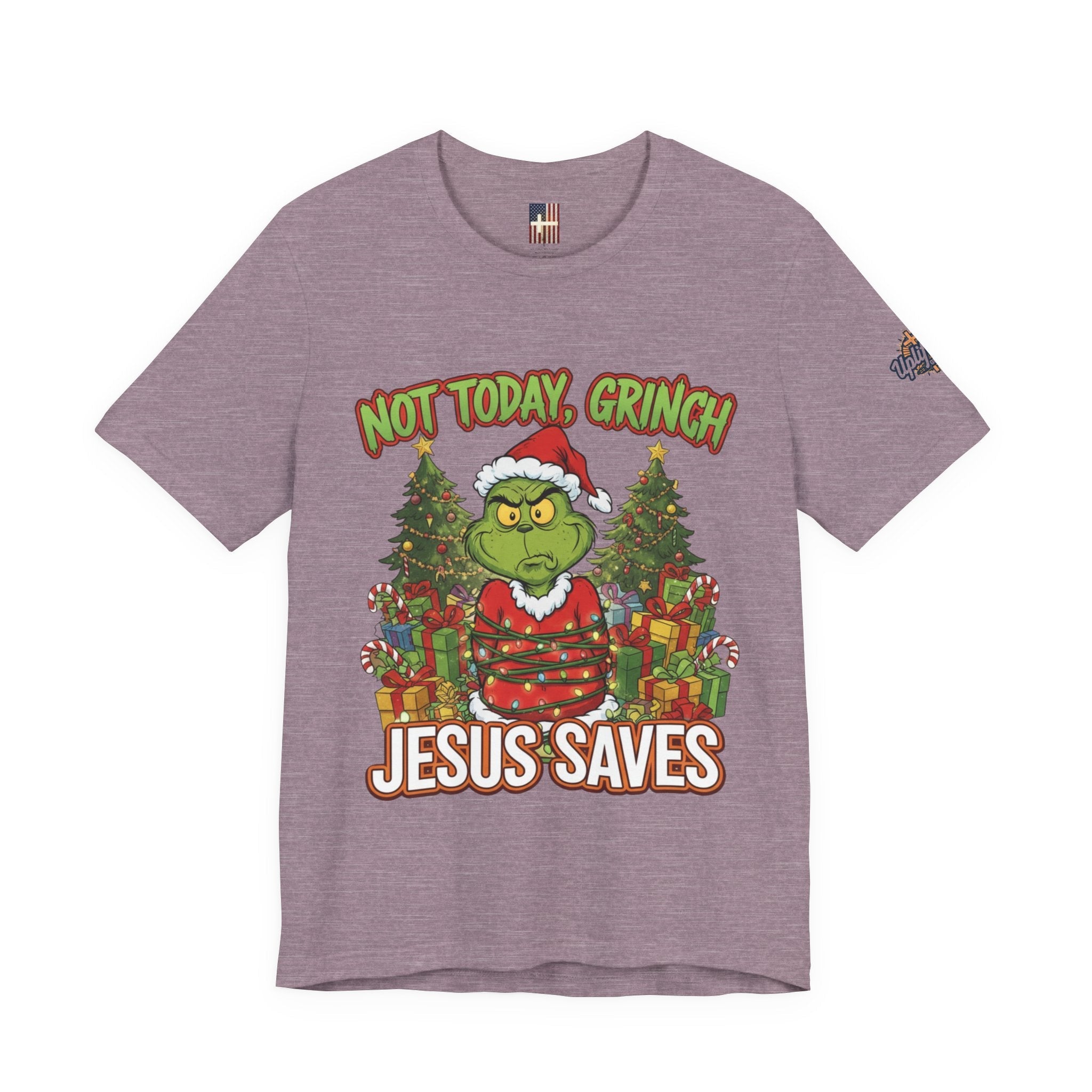 🎄 Not Today, Grinch – Jesus Saves | Funny Christian Christmas T-Shirt | Sulking Grinch & Glowing Cross | Bold Neon Faith Tee by Uplifted Gear Printify
