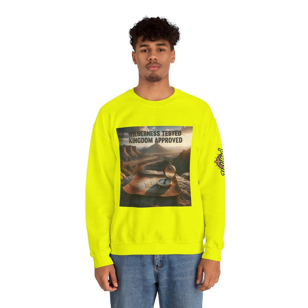 Wilderness Tested Kingdom Approved Sweatshirt – Mountain Desert Compass Crown Christian Sweatshirt for Biblical Adventure Faith Printify
