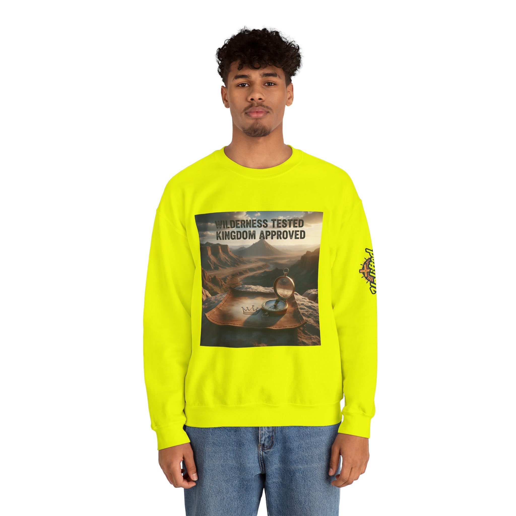 Wilderness Tested Kingdom Approved Sweatshirt – Mountain Desert Compass Crown Christian Sweatshirt for Biblical Adventure Faith Printify