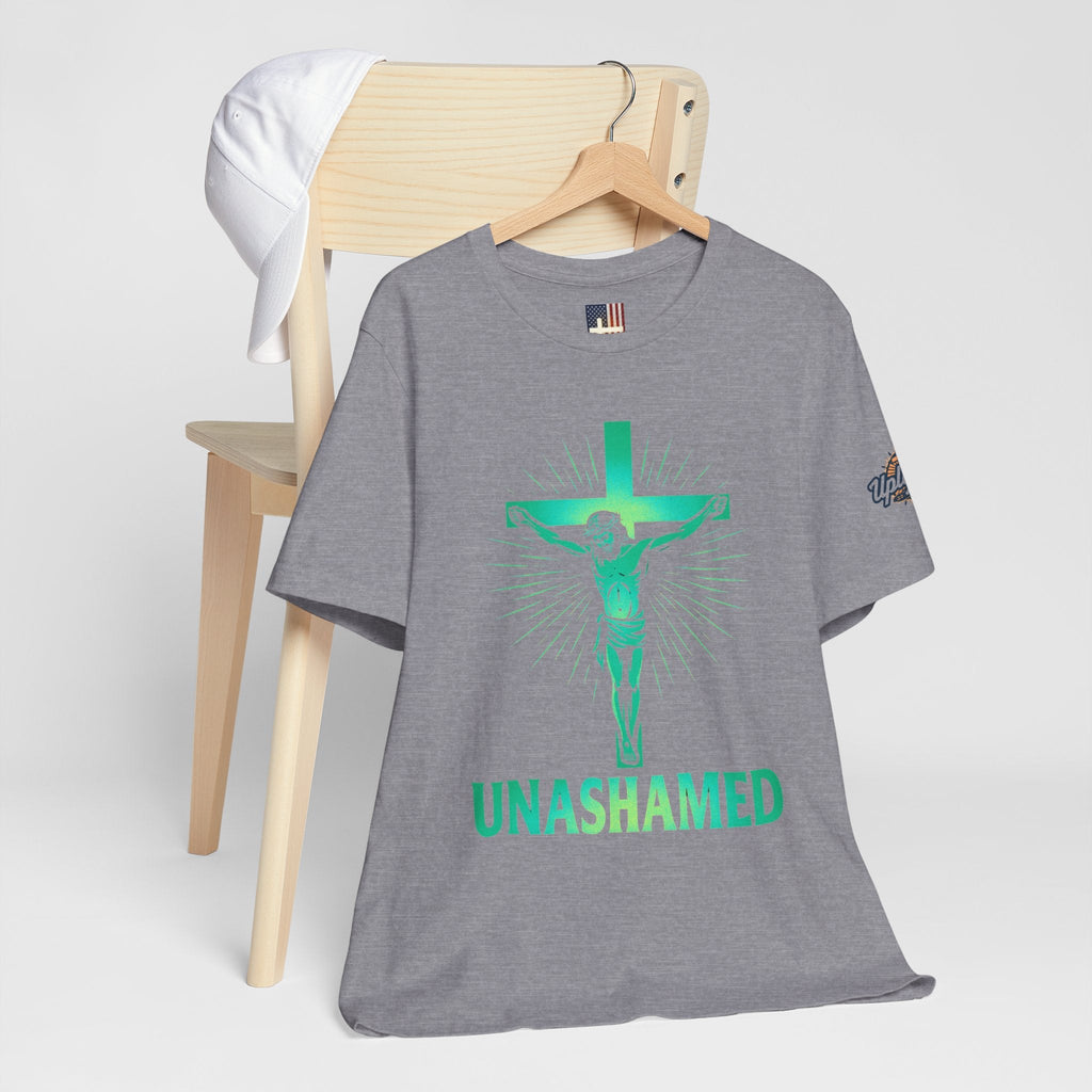 Unashamed T-shirt – Romans 1:16 Crucifixion Christian t-shirt for Bold Unwavering Faith Printify