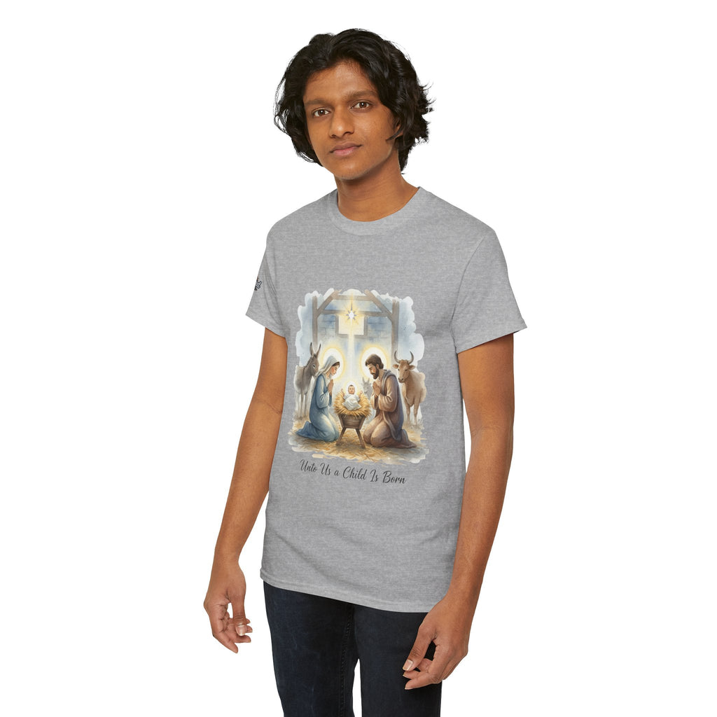 Unto Us a Child is Born T-shirt – Isaiah 9:6 Nativity Manger Scene Christian Christmas T-shirt for Holy Night Faith Printify