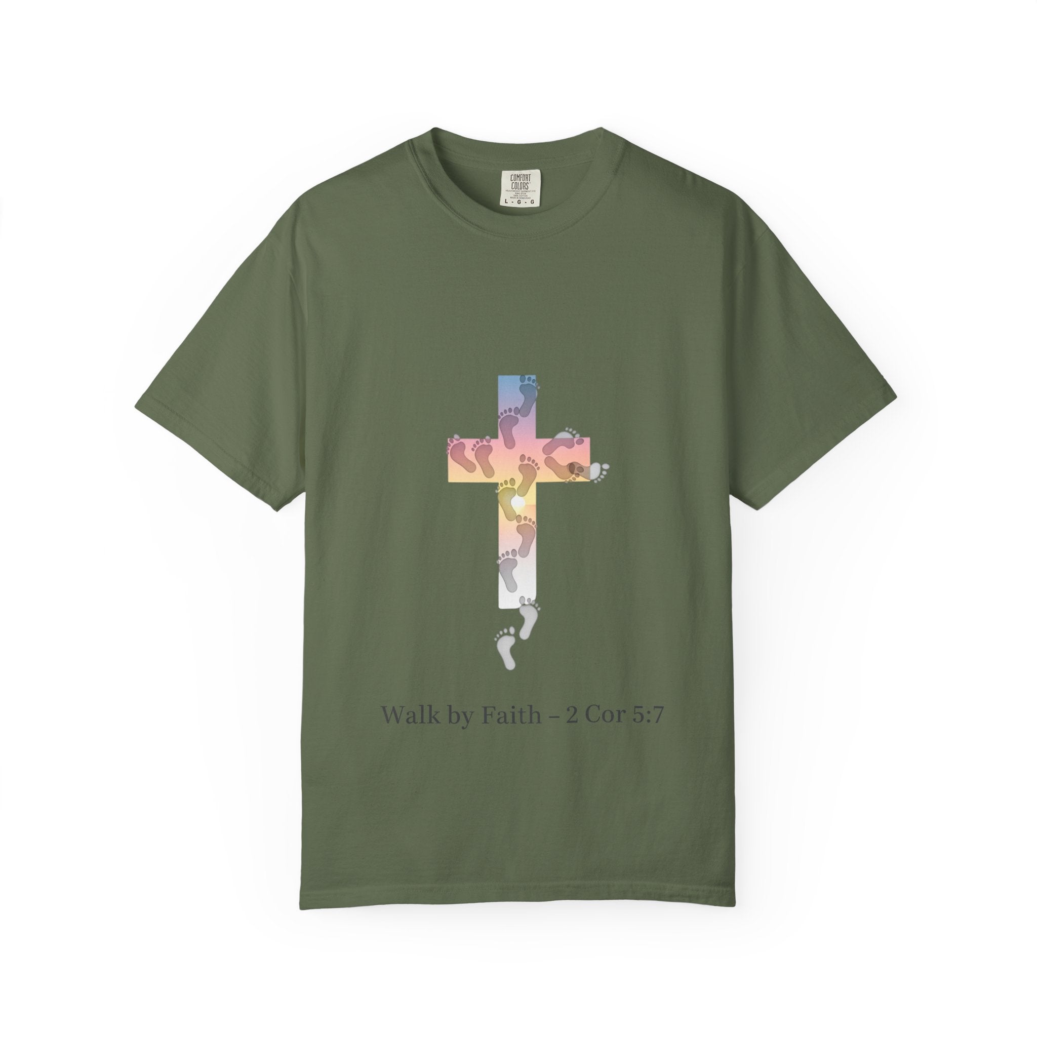 Walk by Faith T-Shirt – Cross & Footprints Christian Tee for Bold Believers Printify