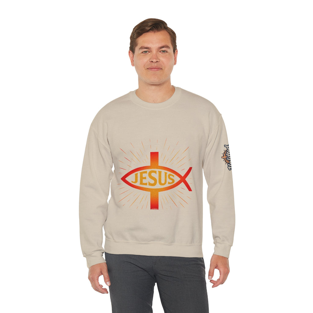 Jesus Ichthys Sweatshirt – Christian Fish Symbol with Cross & Jesus Inscription Sweatshirt for Eternal Faith & Streetwear Printify