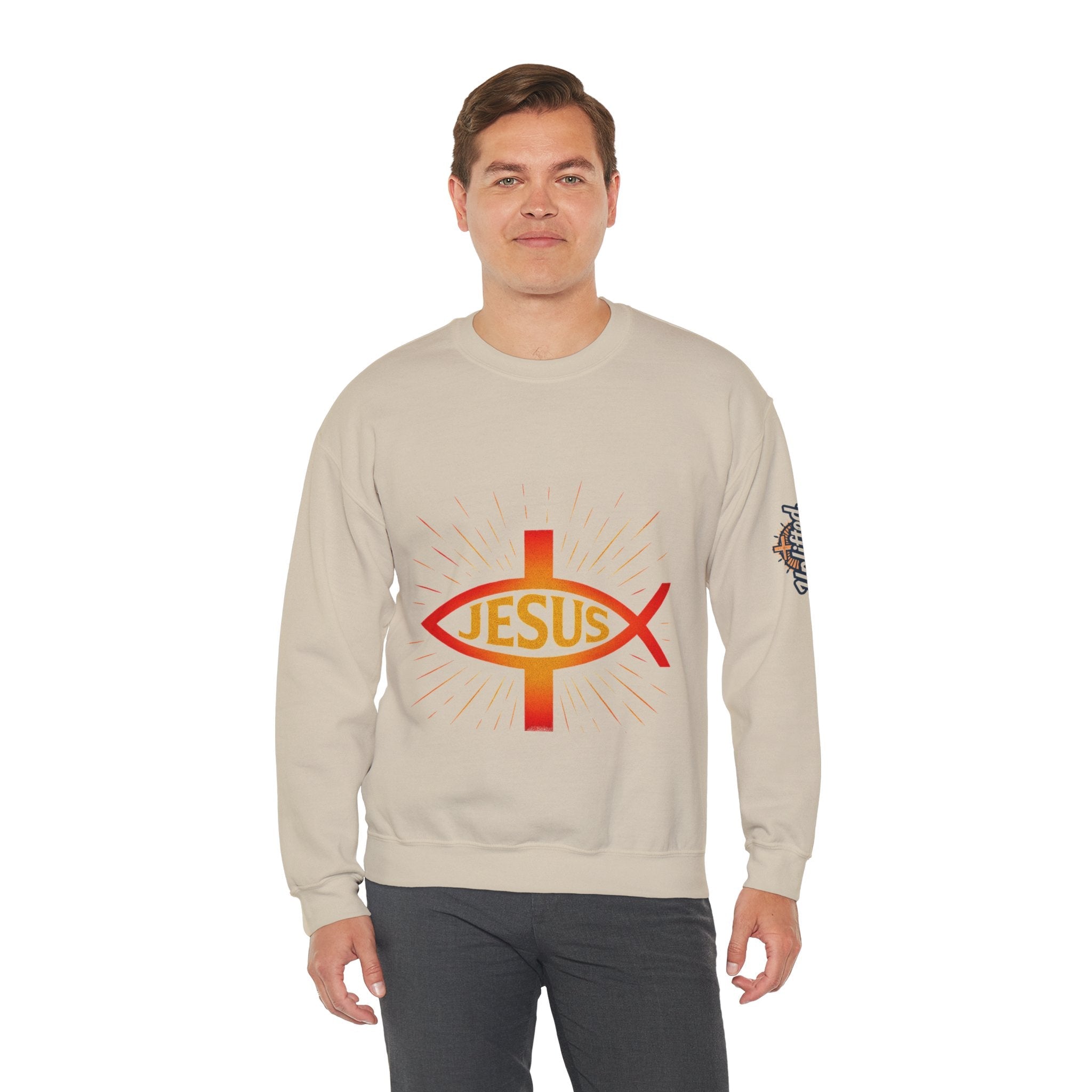 Jesus Ichthys Sweatshirt – Christian Fish Symbol with Cross & Jesus Inscription Sweatshirt for Eternal Faith & Streetwear Printify