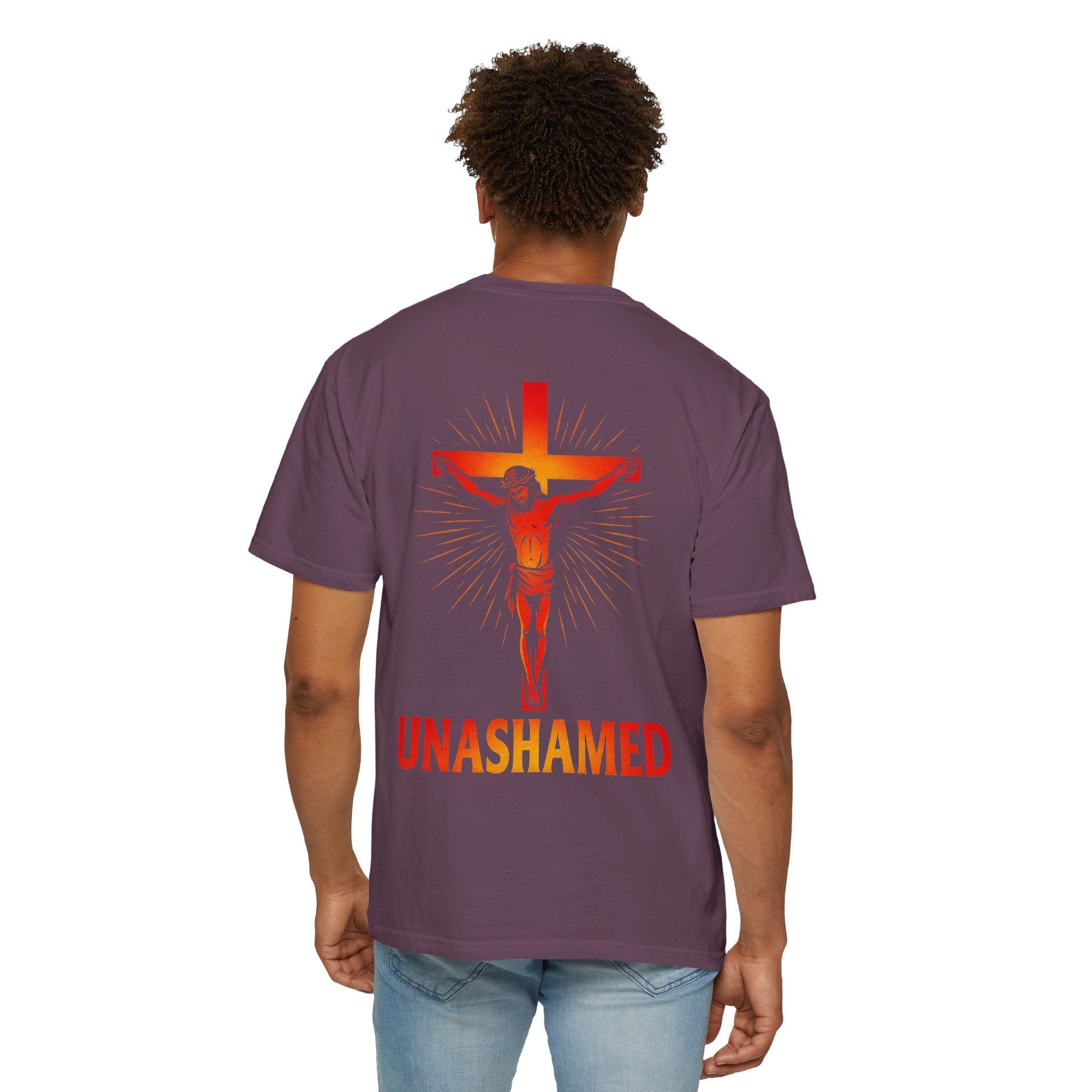 Unashamed T-shirt – Romans 1:16 Crucifixion Christian t-shirt for Bold Unwavering Faith Red Printify