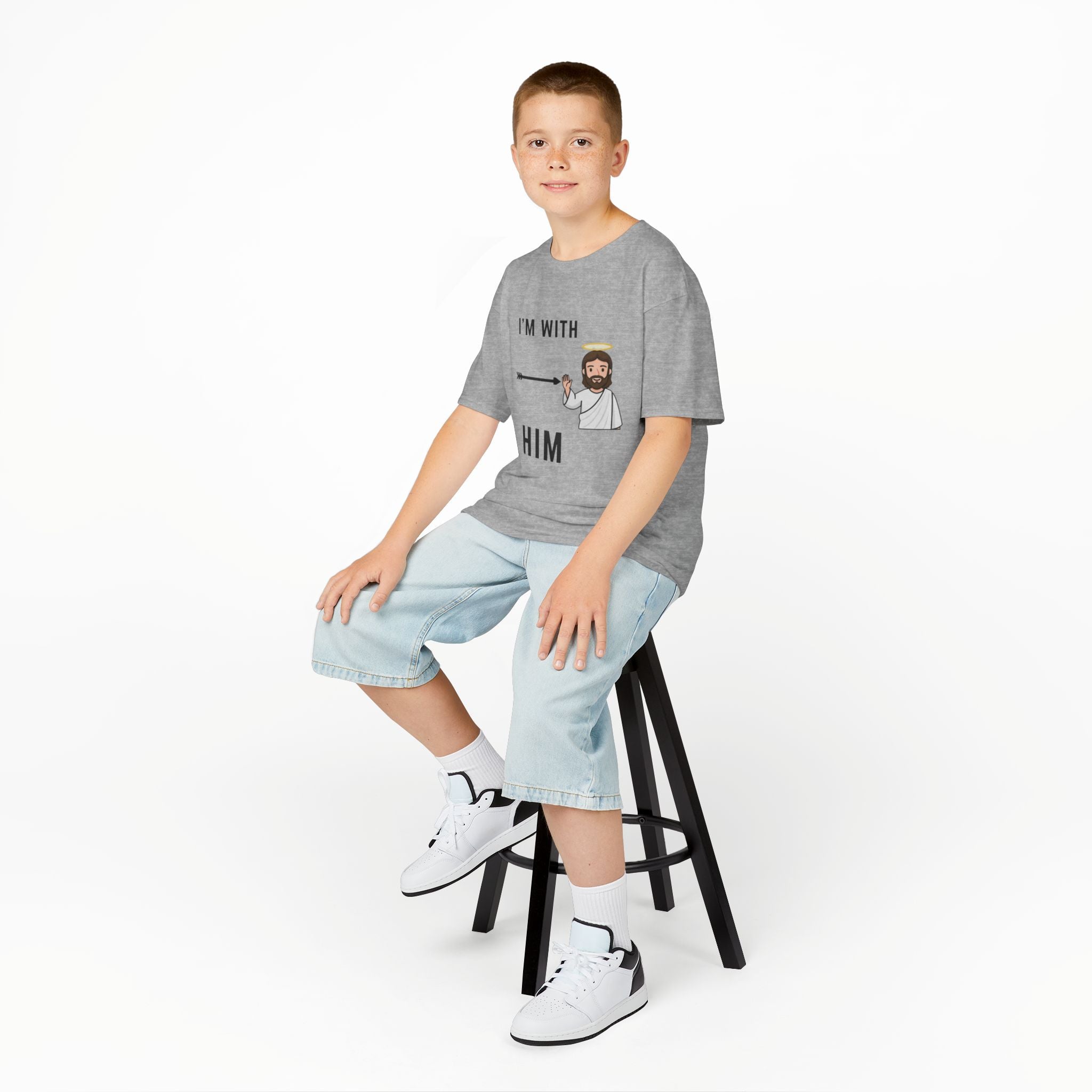 🔥 I’m With Him → Christian Kids T-Shirt | Arrow Pointing to Jesus | Minimalist Faith Tee | Subtle Cross Design | Bible-Inspired Apparel by Uplifted Gear Printify