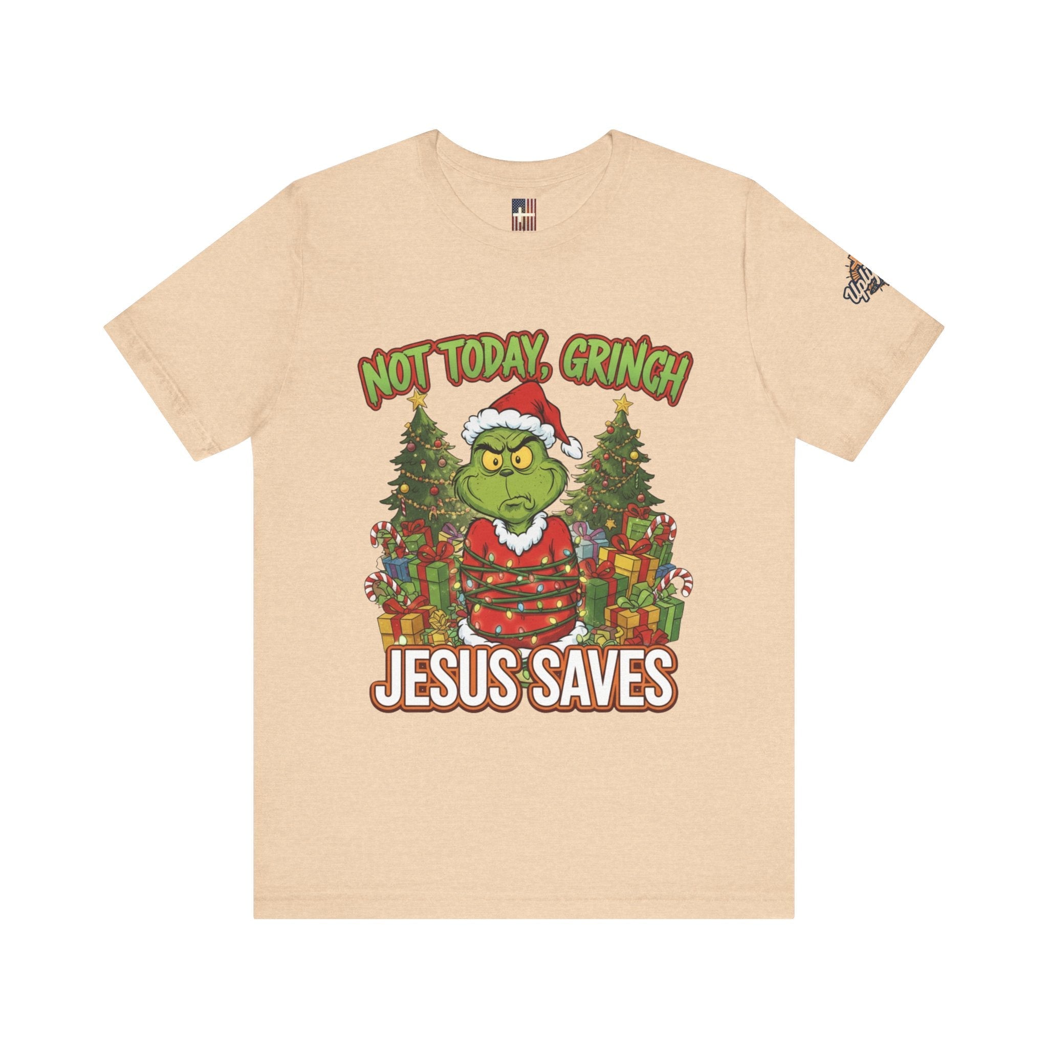 🎄 Not Today, Grinch – Jesus Saves | Funny Christian Christmas T-Shirt | Sulking Grinch & Glowing Cross | Bold Neon Faith Tee by Uplifted Gear Printify