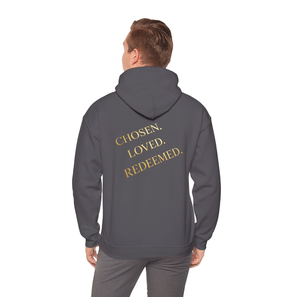 ✨ Chosen. Loved. Redeemed. – Elegant Christian Hoodie | Gold Foil Faith Tee | Subtle Cross & Heart Design | Inspirational Bible Verse Apparel by Uplifted Gear Printify