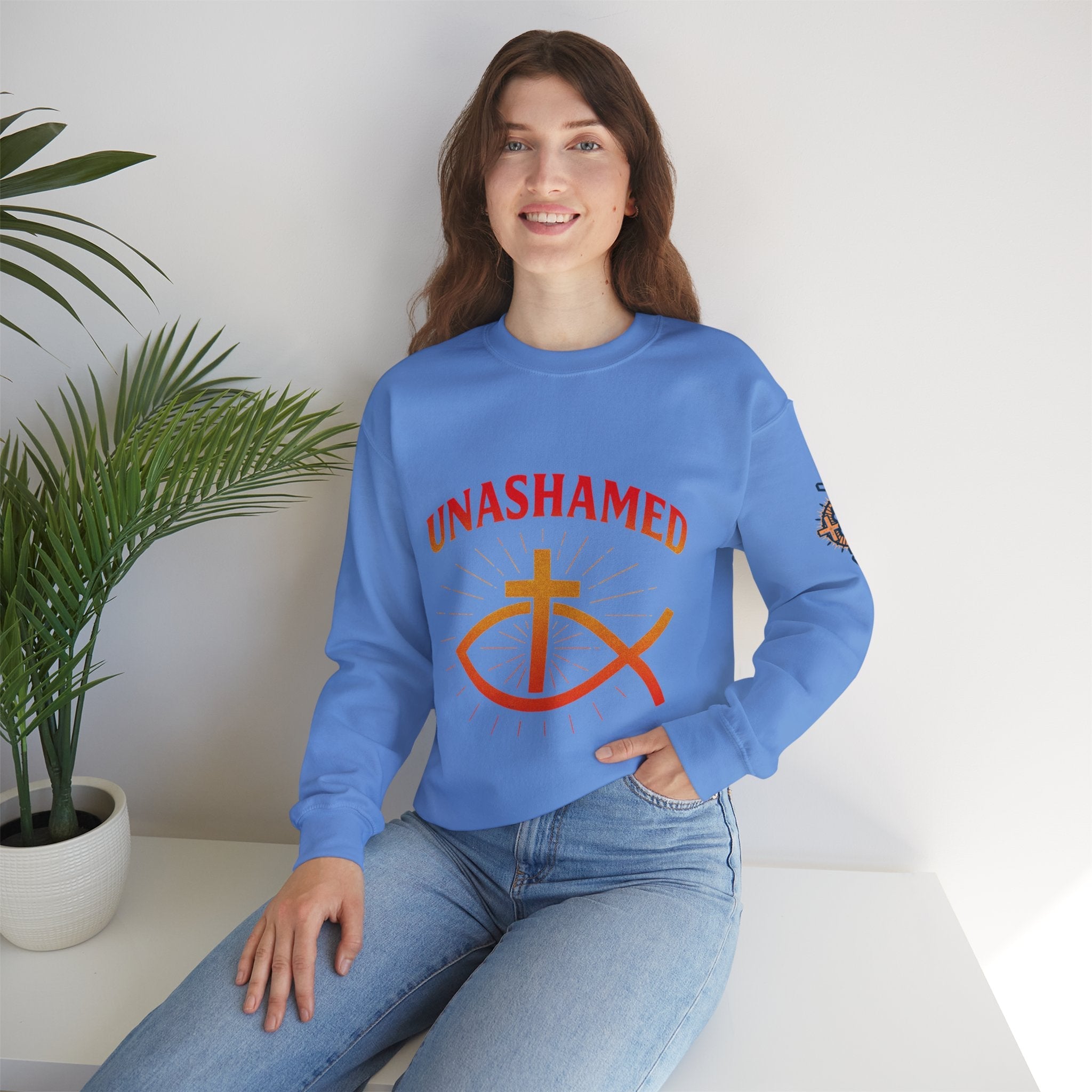 Unashamed Sweatshirt – Ichthys Jesus Fish & Cross Christian Sweatshirt for Romans 1:16 Bold Faith Printify