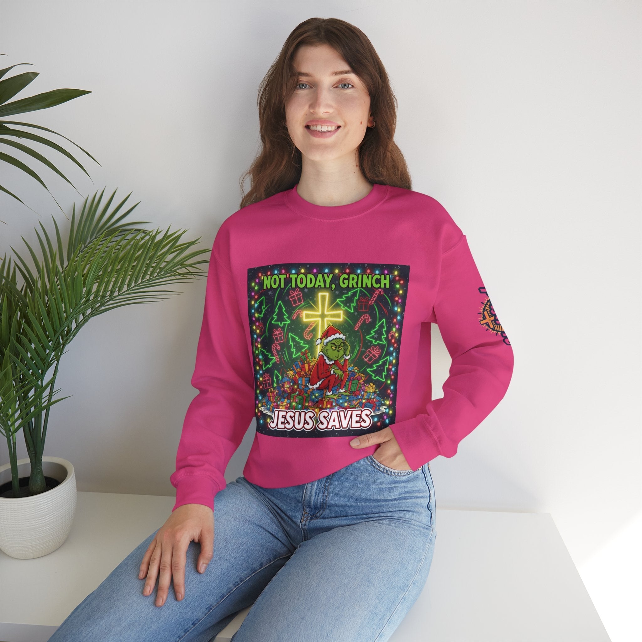 🎄 Not Today, Grinch – Jesus Saves | Funny Christian Christmas Sweatshirt | Festive Green & Red Cartoon Style | Bold Faith Holiday Tee by Uplifted Gear Printify