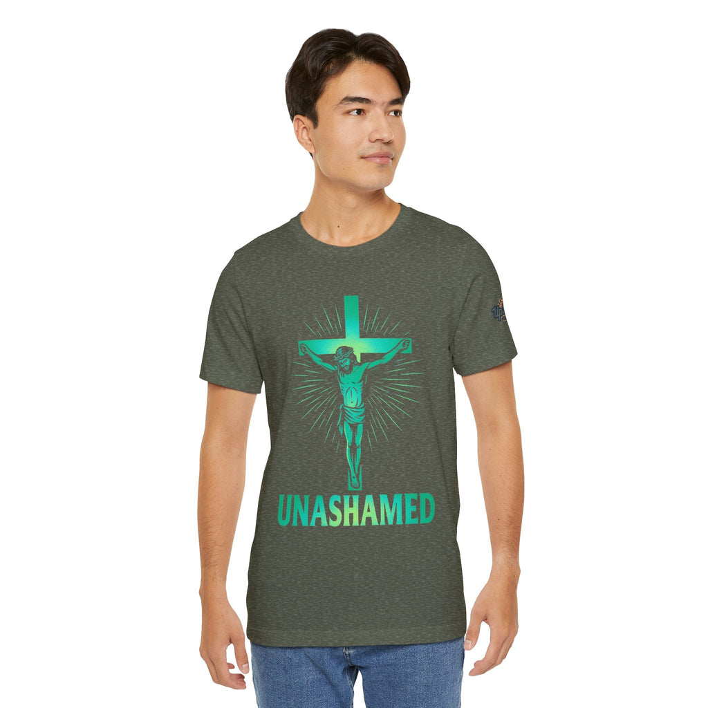 Unashamed T-shirt – Romans 1:16 Crucifixion Christian t-shirt for Bold Unwavering Faith Printify