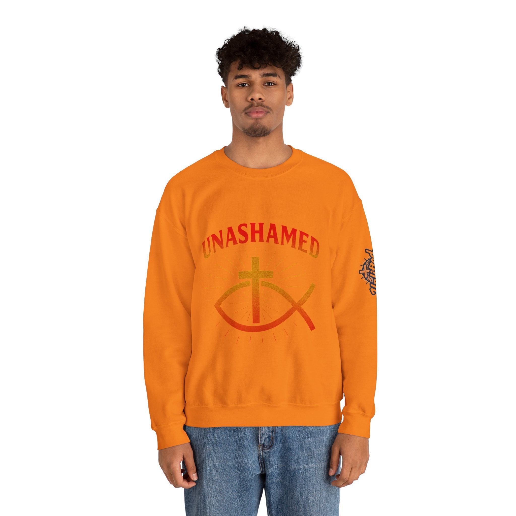 Unashamed Sweatshirt – Ichthys Jesus Fish & Cross Christian Sweatshirt for Romans 1:16 Bold Faith Printify