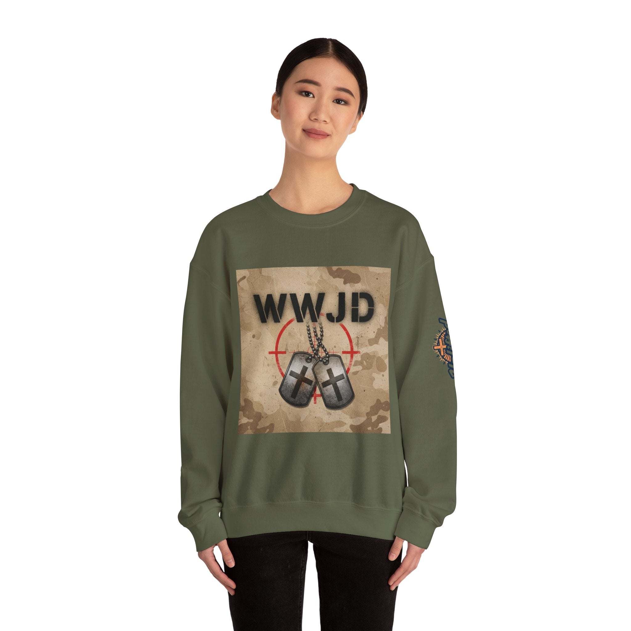 WWJD Sweatshirt – Military Dog Tags What Would Jesus Do Camo Christian Sweatshirt for Bold Faith & Streetwear Printify