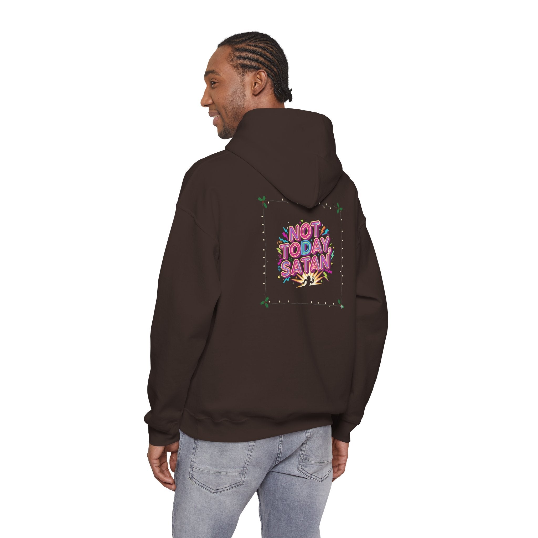🔥 Not Today, Satan – Retro 90s Christian Hoodie | Neon Faith Tee | Funky Cartoon Devil | Bold Bible Verse Shirt | Uplifted Gear Printify