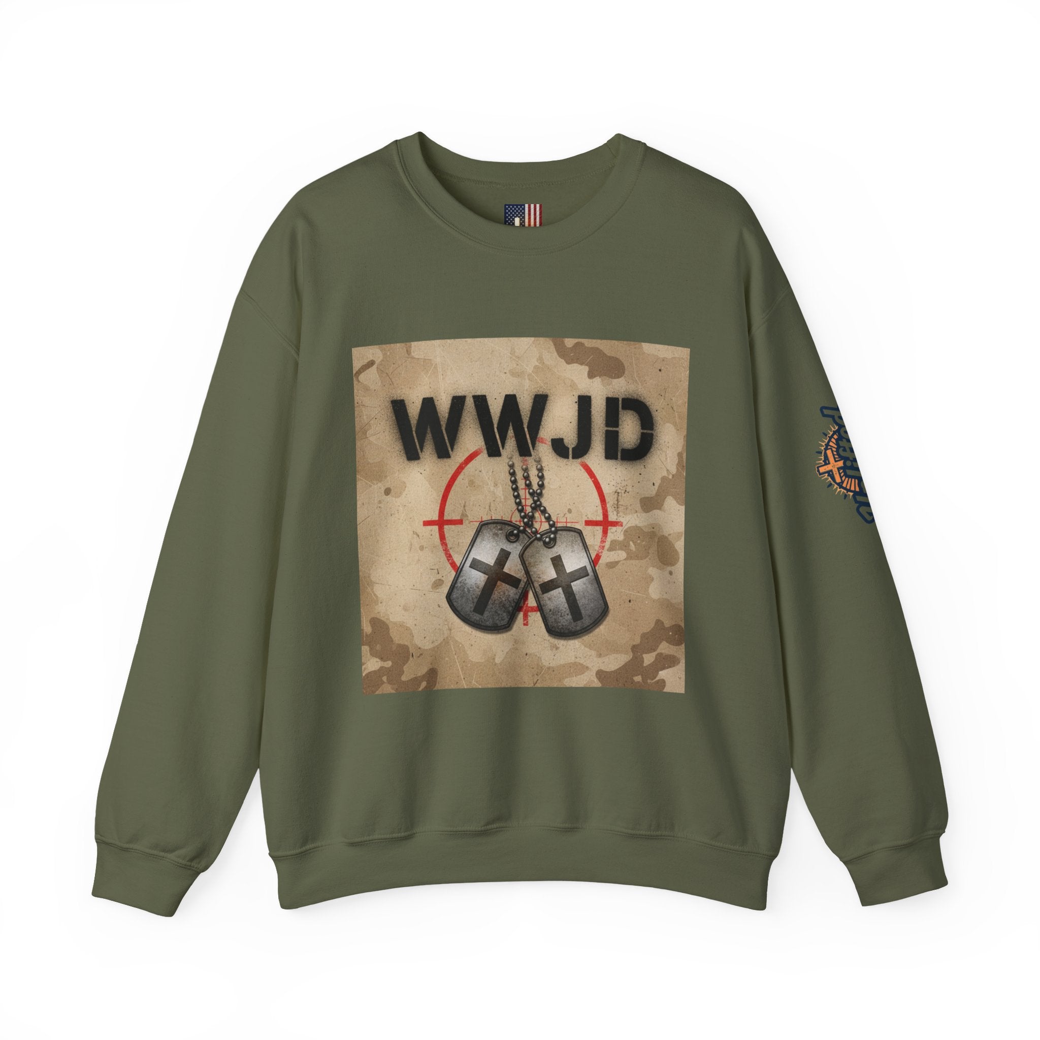 WWJD Sweatshirt – Military Dog Tags What Would Jesus Do Camo Christian Sweatshirt for Bold Faith & Streetwear Printify
