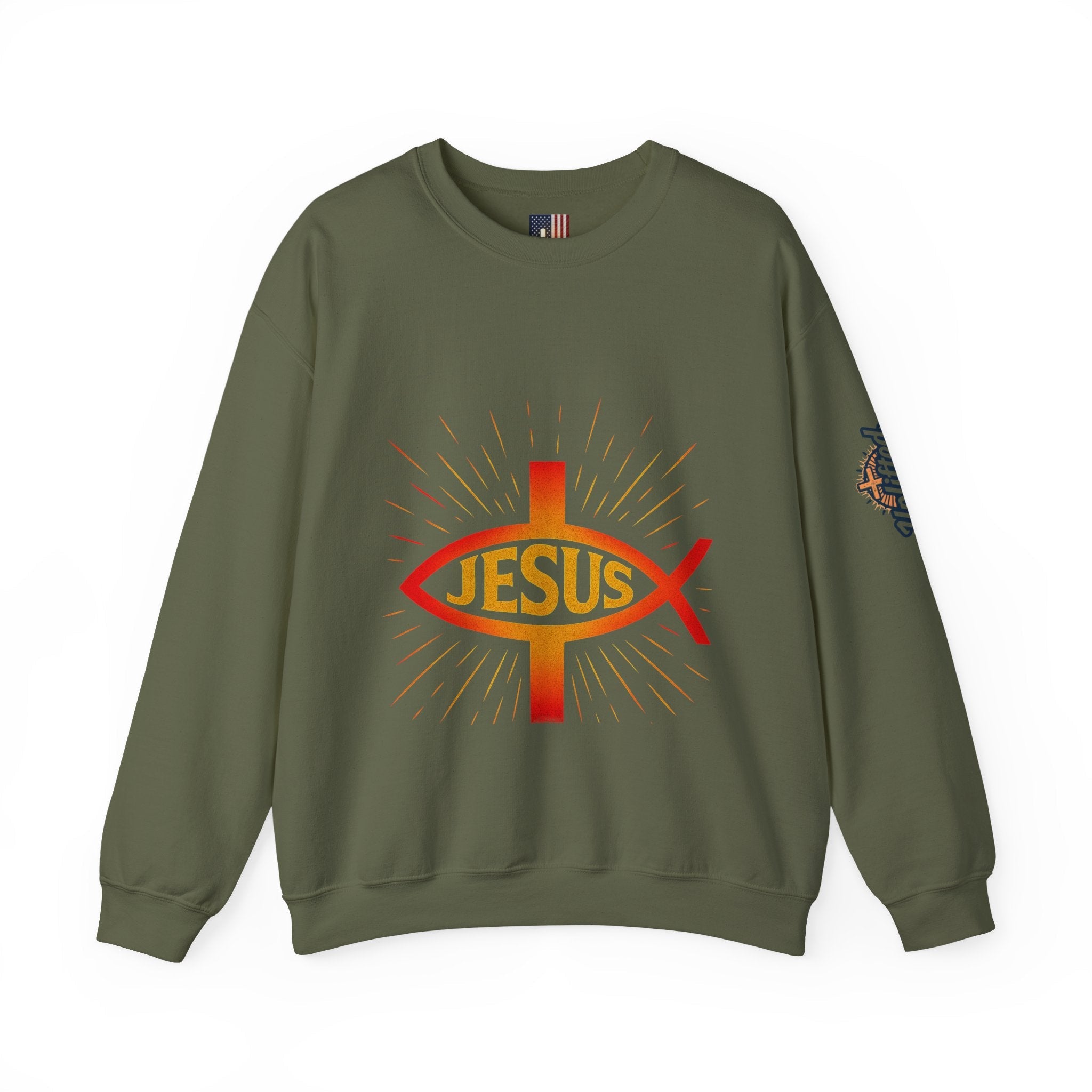 Jesus Ichthys Sweatshirt – Christian Fish Symbol with Cross & Jesus Inscription Sweatshirt for Eternal Faith & Streetwear Printify