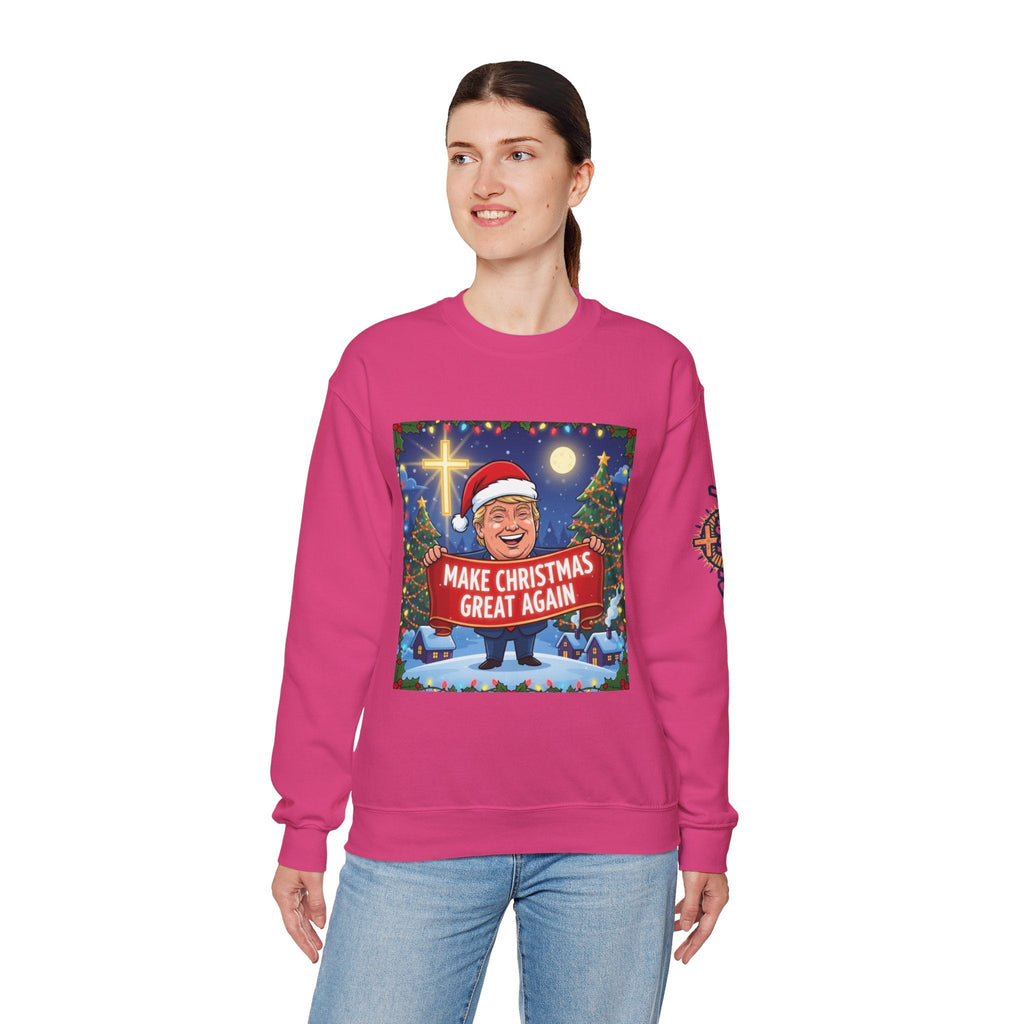 🎄 Make Christmas Great Again – Patriotic Christian Christmas Sweatshirt | Bold Holiday Faith Tee | Red & White Banner Design | Uplifted Gear Printify