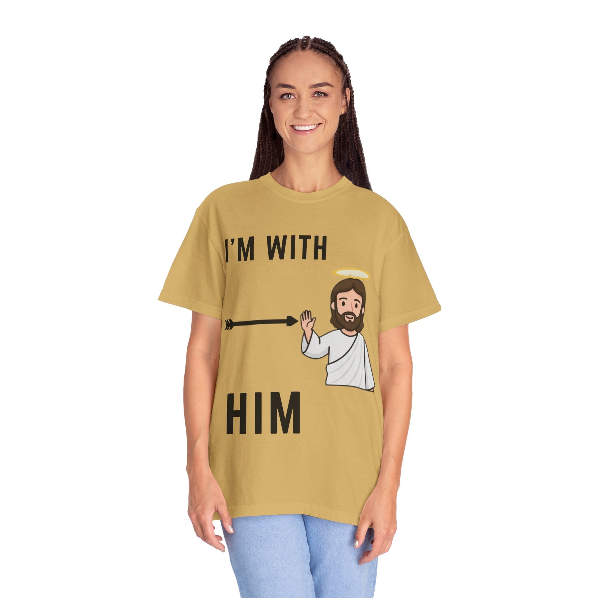 🔥 I’m With Him → Christian T-Shirt | Arrow Pointing to Jesus | Minimalist Faith Tee | Subtle Cross Design | Bible-Inspired Apparel by Uplifted Gear Printify