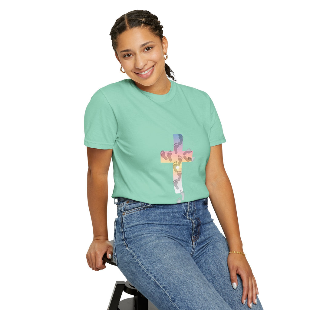 Walk by Faith T-Shirt – Cross & Footprints Christian Tee for Bold Believers Printify