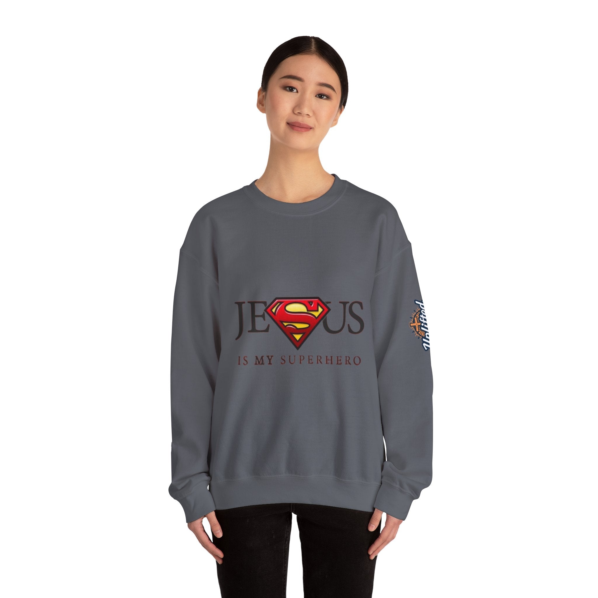 Jesus Is My Superhero Crewneck Sweatshirt Printify