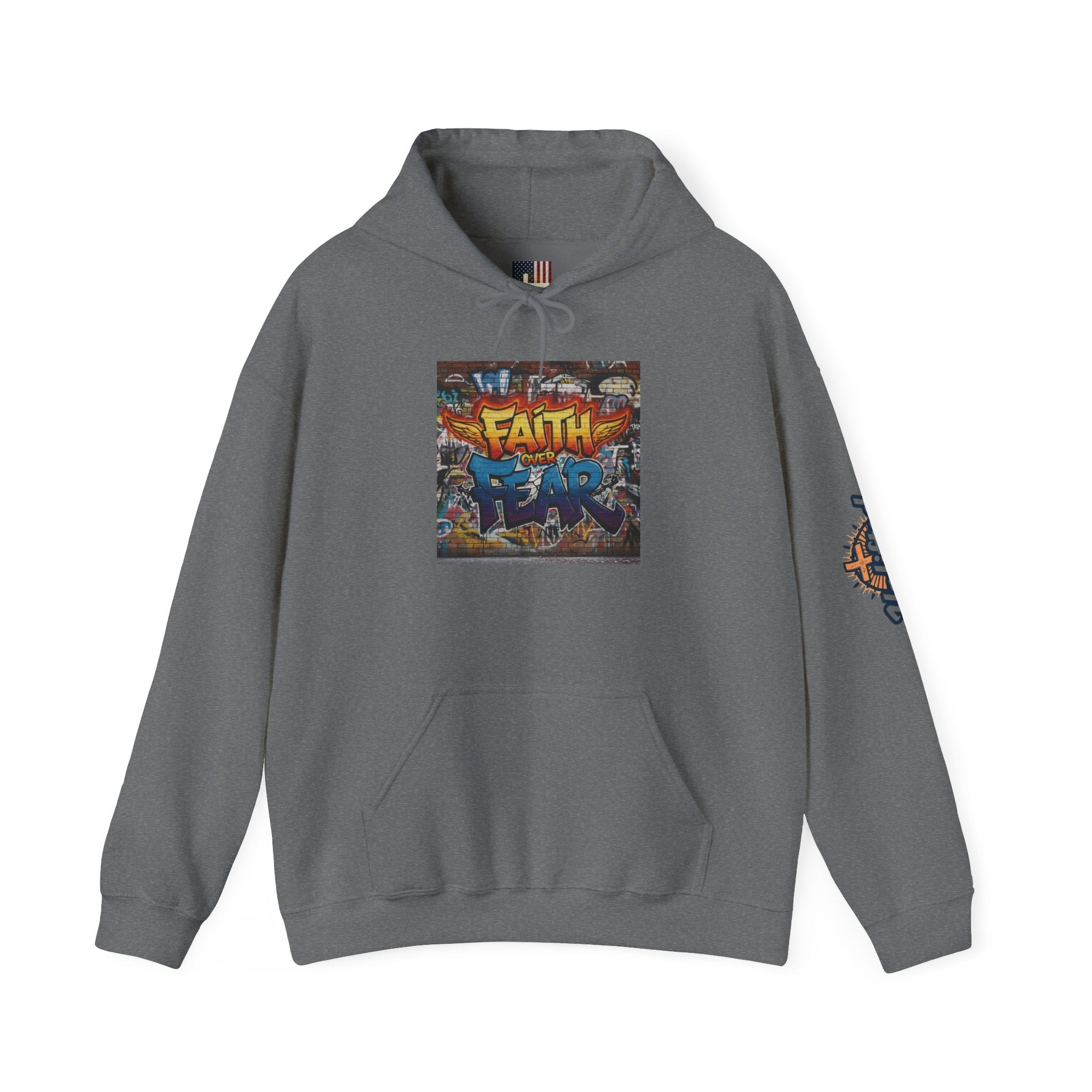 Faith Over Fear Hoodie – Graffiti Wall Christian Sweatshirt for Bold 2 Corinthians 5:7 Streetwear & Unshakable Faith Printify