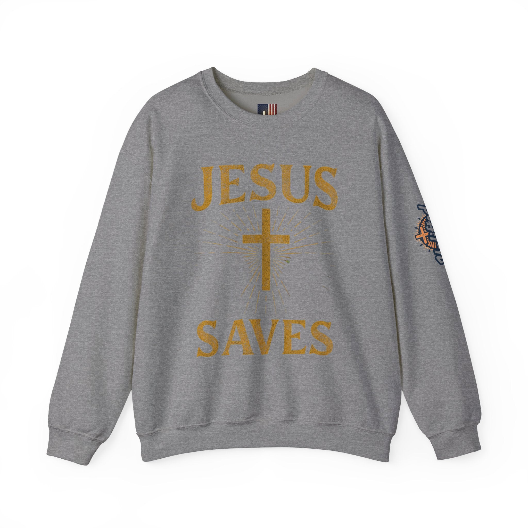 Jesus Saves Sweatshirt – Radiant Cross & Rays of Light Christian Sweatshirt for Eternal Hope & Faith Printify