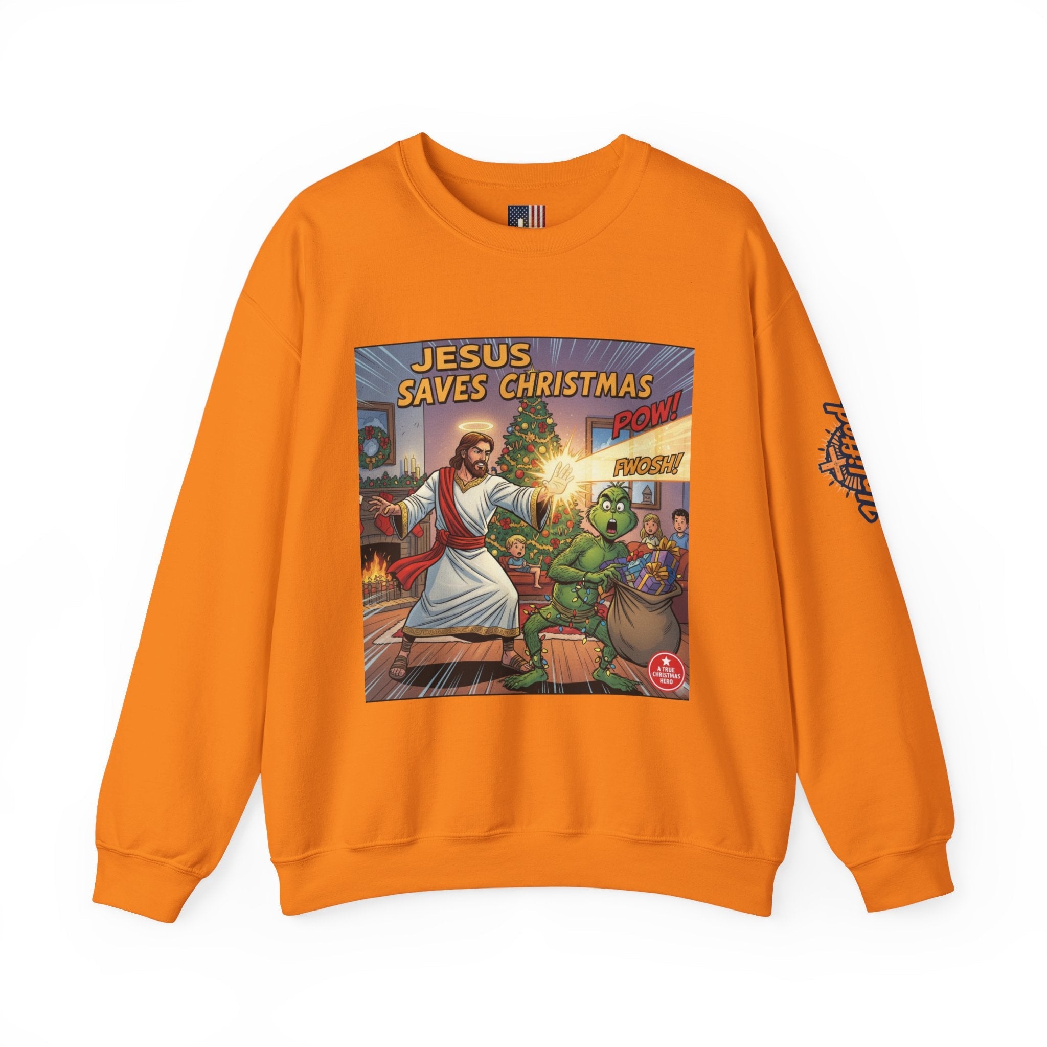 Jesus Saves Christmas Sweatshirt – Grinch vs Savior Light Battle Christian Sweatshirt for Hilarious Holiday Faith & True Joy Printify