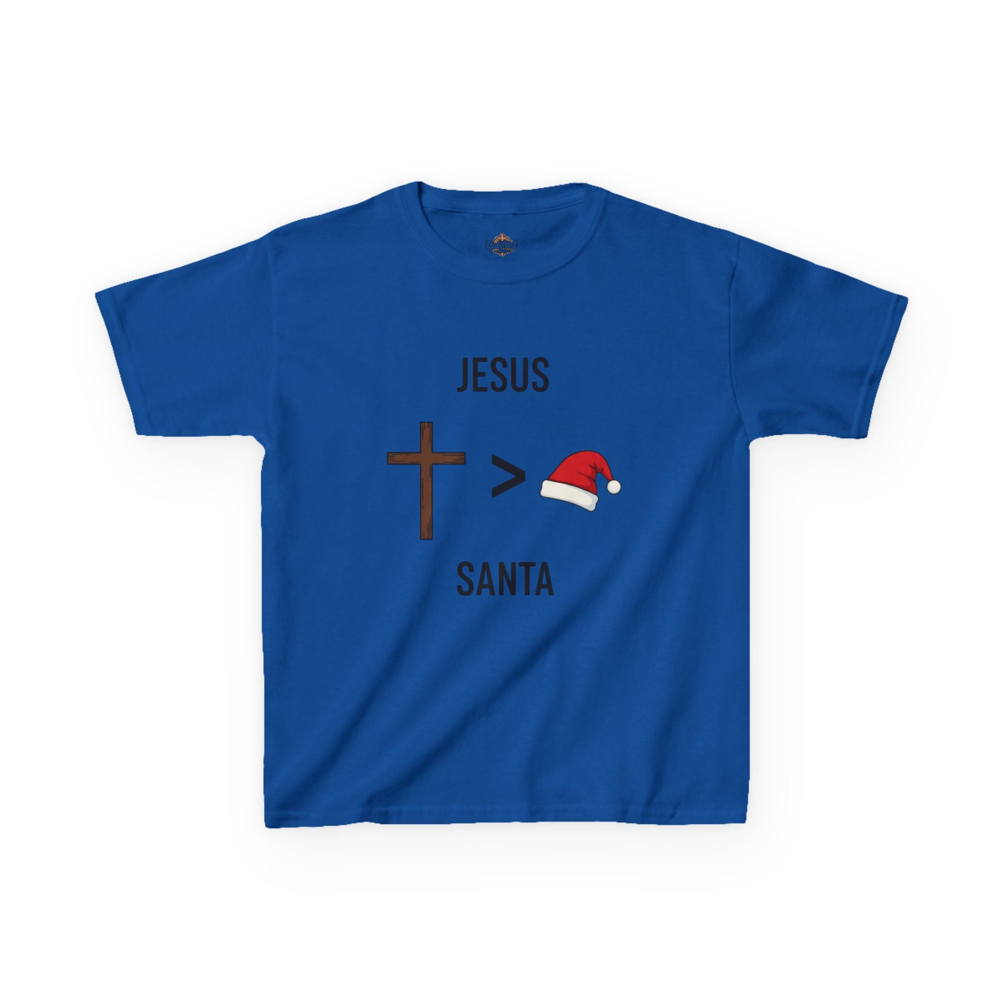 🎄 Jesus > Santa – Minimalist Christian Christmas Kids T-Shirt | Bold Faith Over Holiday Tee | Cross vs Santa Hat Design | Uplifted Gear Printify