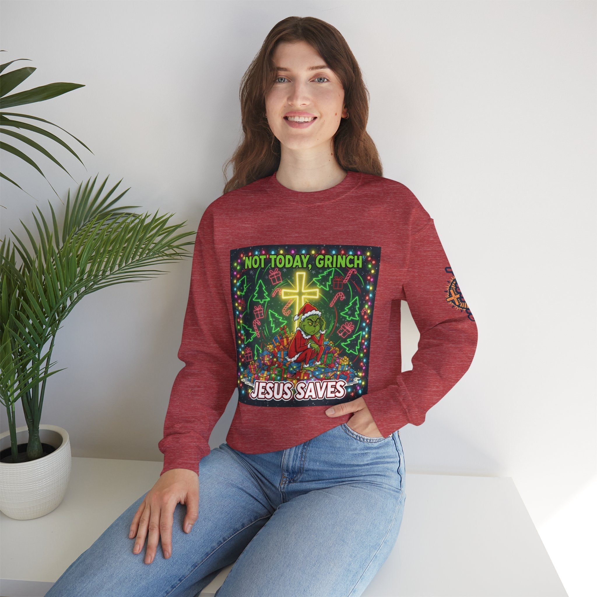 🎄 Not Today, Grinch – Jesus Saves | Funny Christian Christmas Sweatshirt | Festive Green & Red Cartoon Style | Bold Faith Holiday Tee by Uplifted Gear Printify