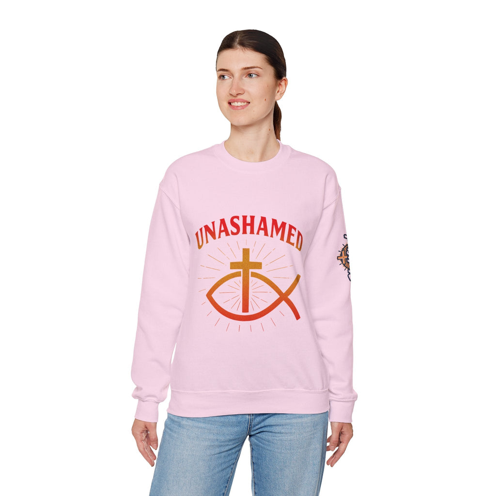 Unashamed Sweatshirt – Ichthys Jesus Fish & Cross Christian Sweatshirt for Romans 1:16 Bold Faith Printify