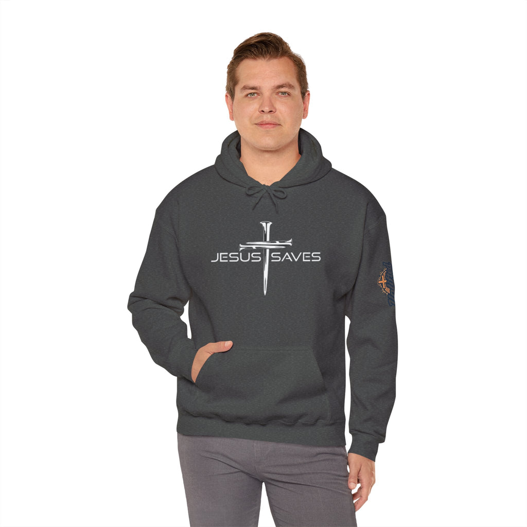 Jesus Saves Hoodie – 3 Nails Crucifix Cross Christian Sweatshirt for Redemption Faith & Bold Salvation Printify