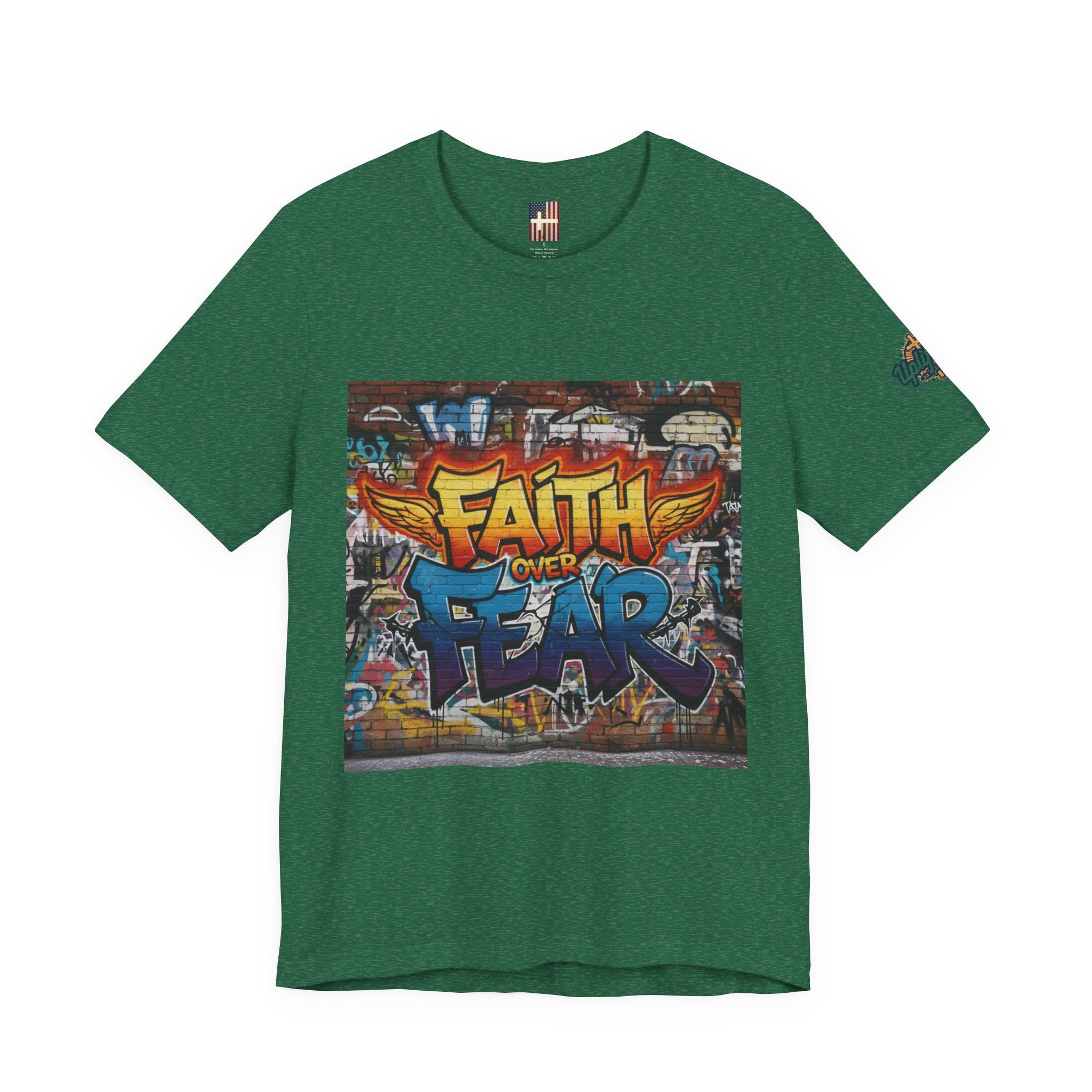 Faith Over Fear T-shirt – Graffiti Wall Christian T-shirt for Bold 2 Corinthians 5:7 Streetwear & Unshakable Faith Printify