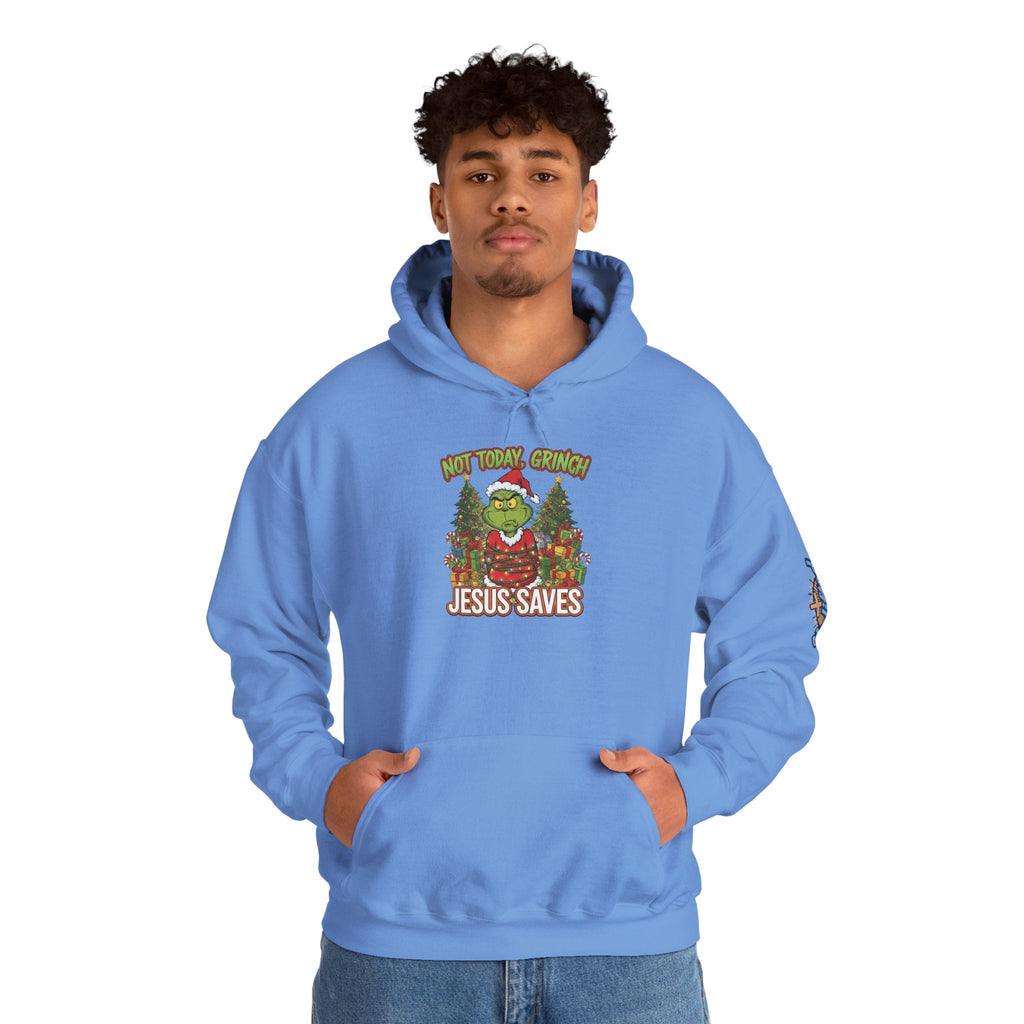 🎄 Not Today, Grinch – Jesus Saves | Funny Christian Christmas Hoodie | Sulking Grinch & Glowing Cross | Bold Neon Faith Tee by Uplifted Gear Printify