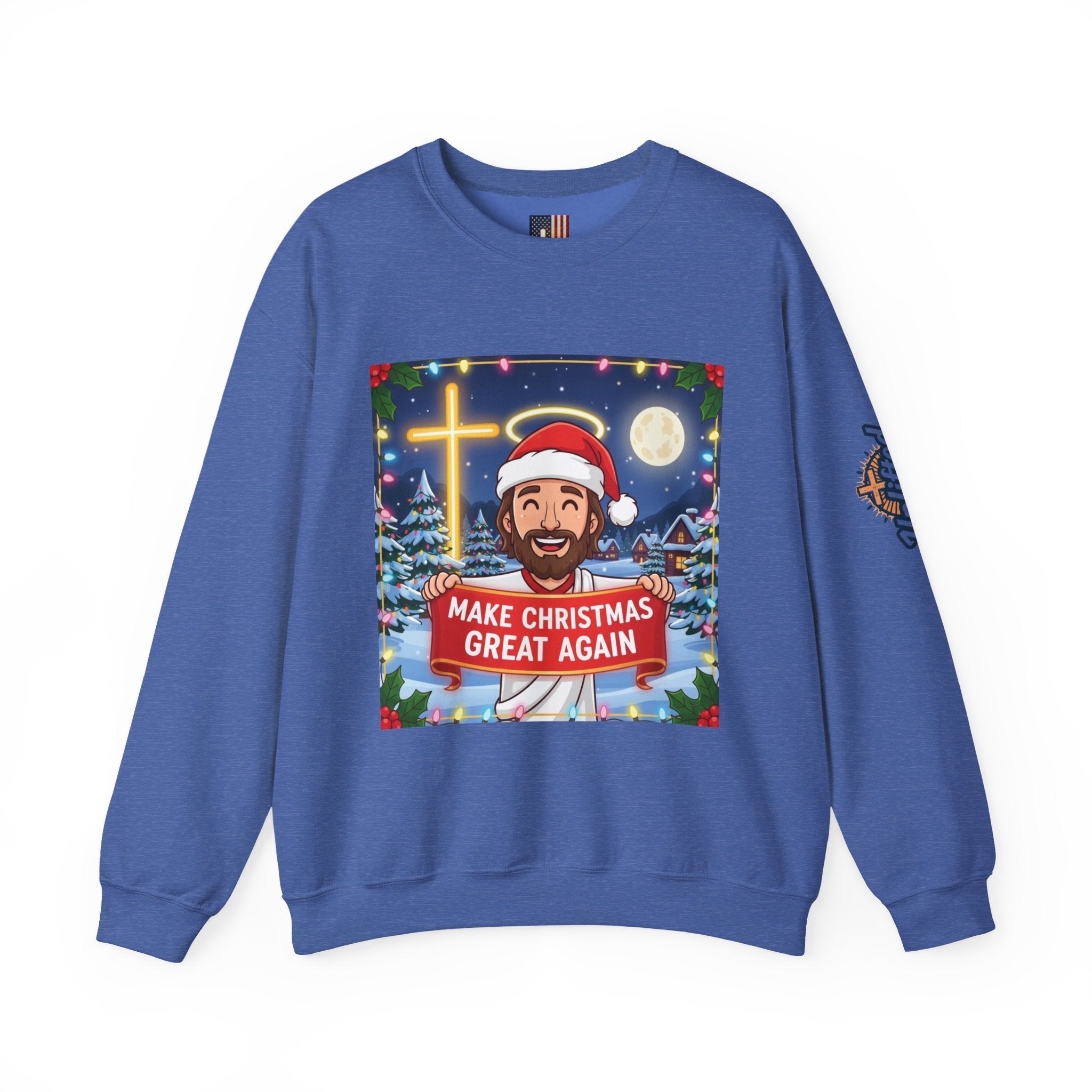 🎄 Make Christmas Great Again – Funny Christian Sweatshirt | Jesus Holding Banner | Faith-Based Holiday Parody Tee | Uplifted Gear Printify
