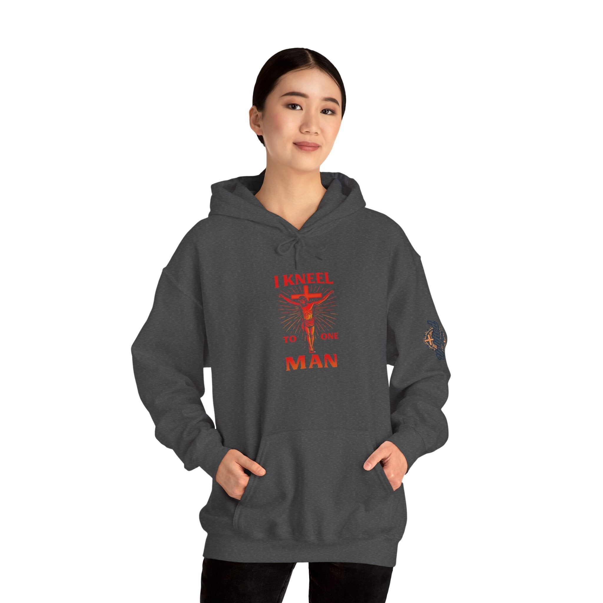 I Kneel to One Man Hoodie – Crucifixion Christian Sweatshirt for Unashamed Devotion & Bold Faith Printify