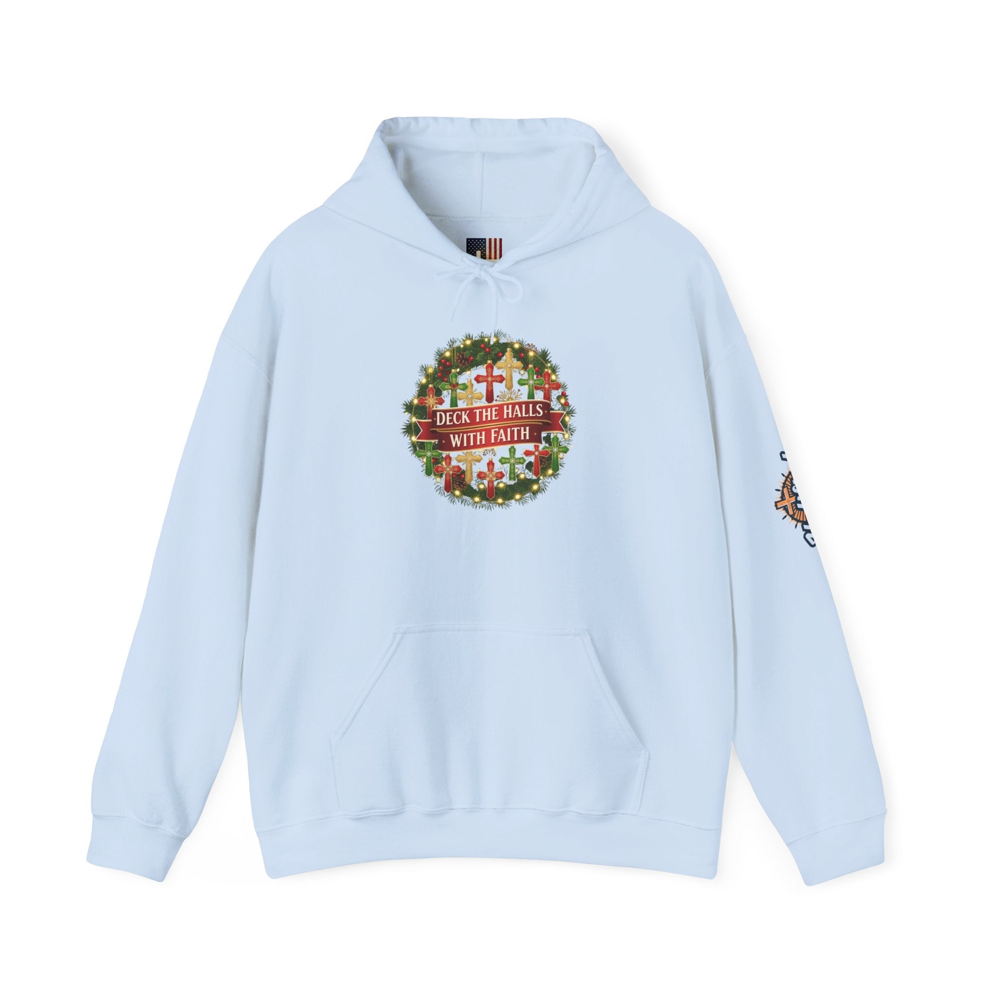 🎄 Deck the Halls with Faith – Christian Christmas Hoodie | Cross Ornament Design & Festive Garland | Bold Holiday Faith Tee by Uplifted Gear Printify