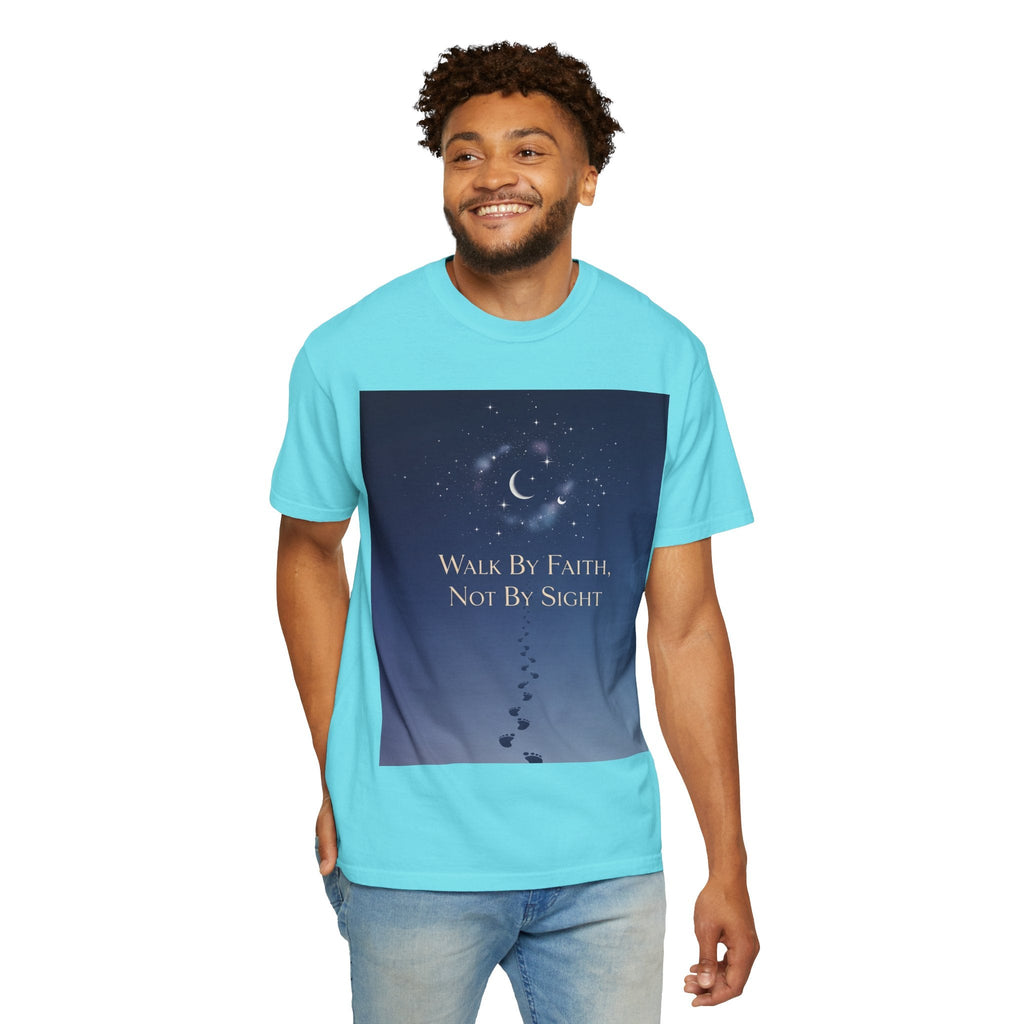 Walk by Faith, Not by Sight T-Shirt – Footprints in the Sand Christian Moonlit Tee Printify