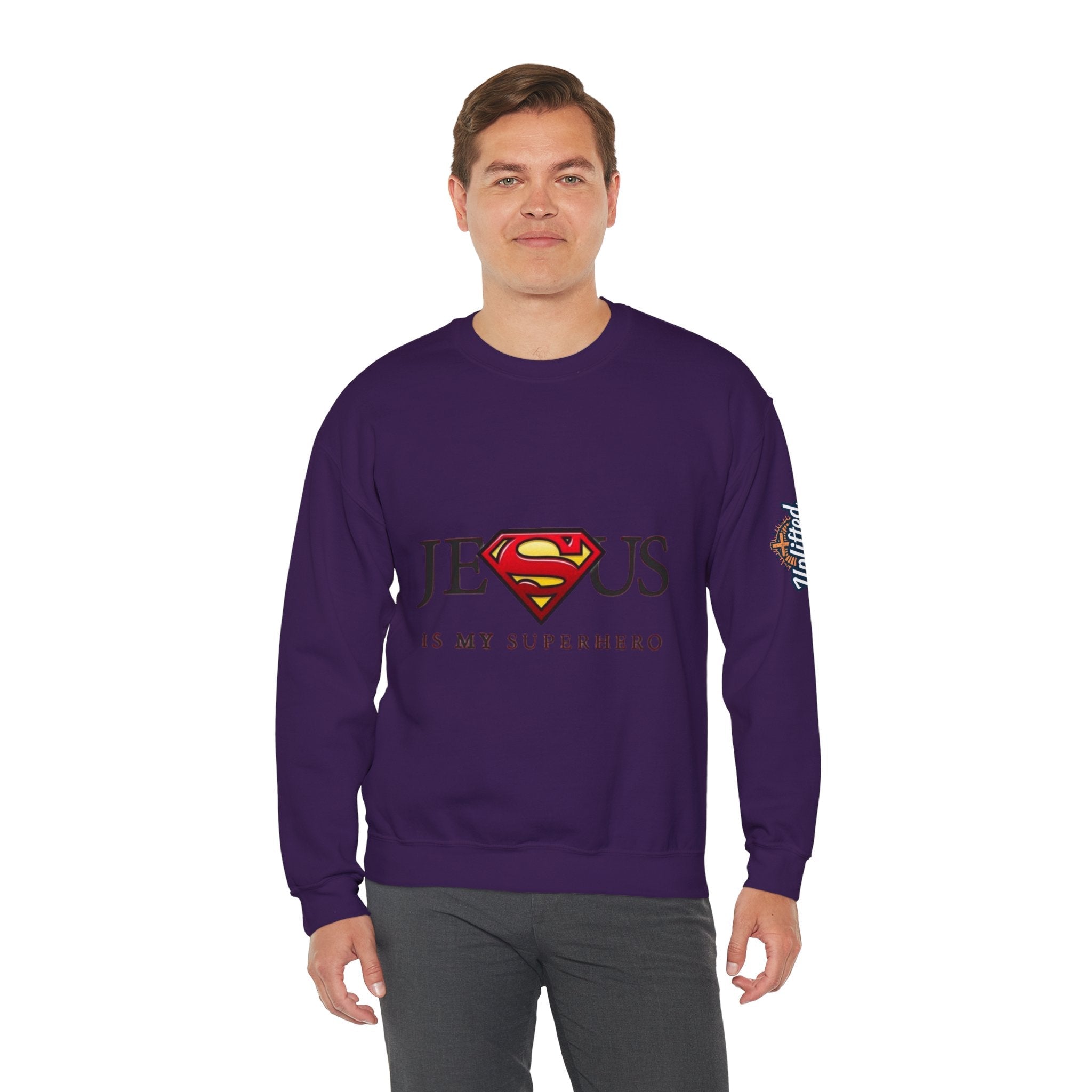 Jesus Is My Superhero Crewneck Sweatshirt Printify