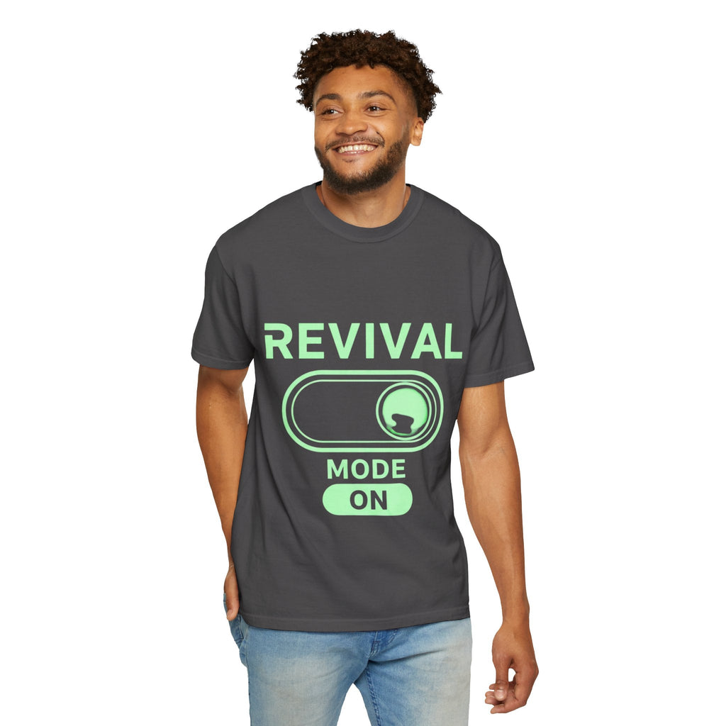 🔥 Revival Mode: ON – Christian Techwear T-Shirt | Glowing Green Faith Switch | Futuristic Jesus Shirt | Activate Your Spiritual Awakening | Uplifted Gear Printify