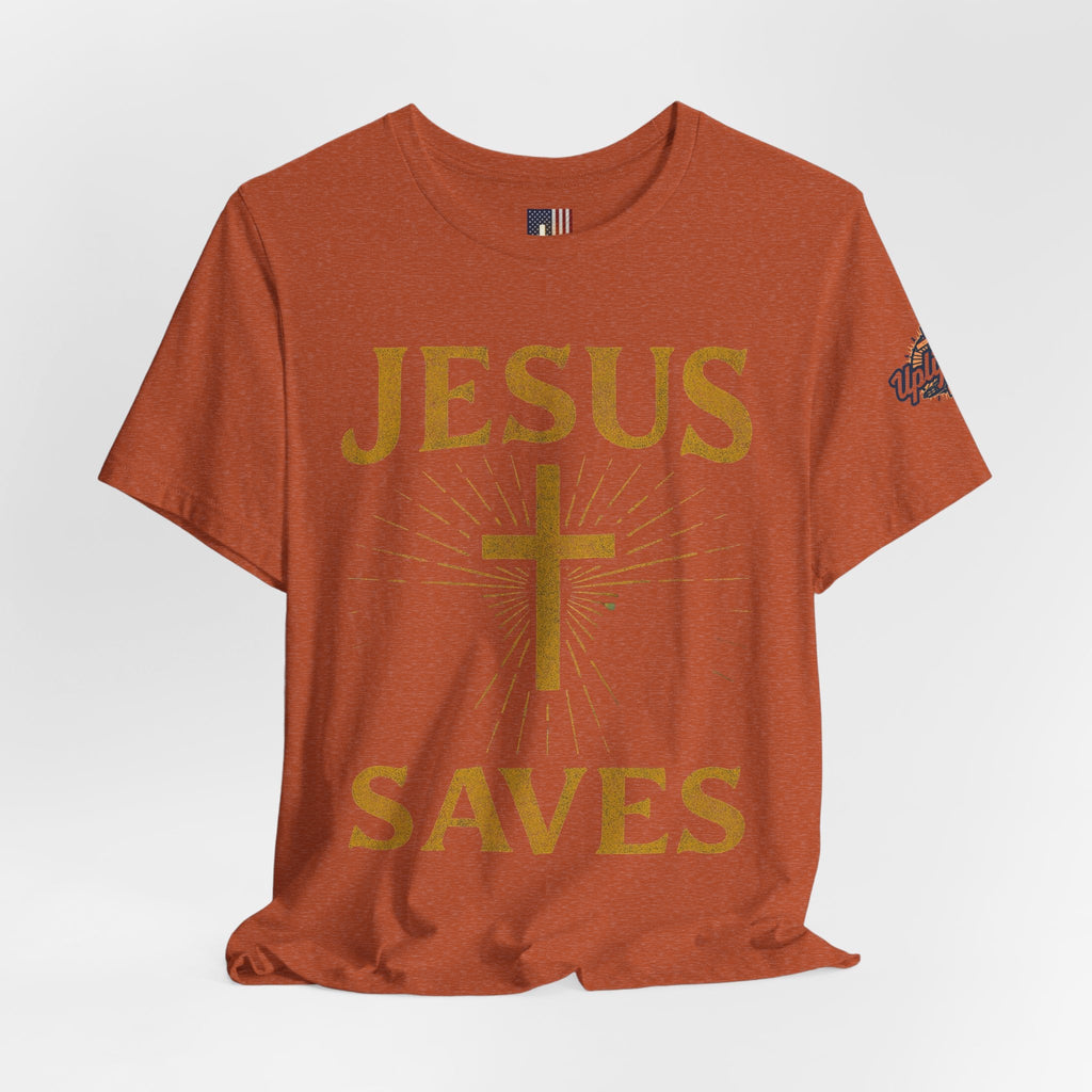 Jesus Saves T-shirt – Radiant Cross & Rays of Light Christian T-shirt for Eternal Hope & Faith Printify