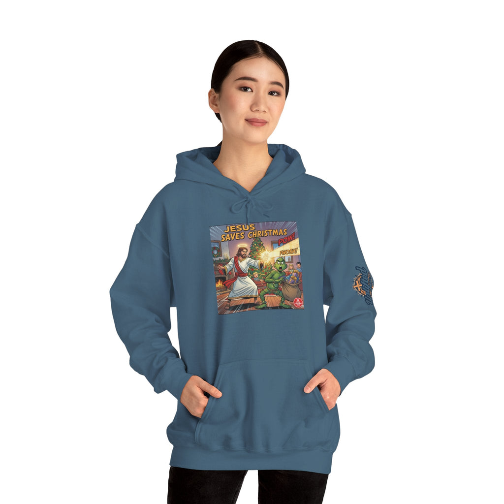 Jesus Saves Christmas Hoodie – Grinch vs Savior Light Battle Christian Sweatshirt for Hilarious Holiday Faith & True Joy Printify